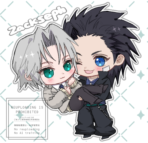 sephiroth, sephiroth (ever crisis), zack fair, final fantasy, final fantasy vii, final fantasy vii ever crisis, 2boys, 7 kiy u, :3, aqua eyes, baggy pants, bandaid, bandaid on cheek, bandaid on face, black hair, black jacket, black necktie, black pants, black shoes, blue eyes, blue shirt, blush, carrying, chibi, chibi only, closed mouth, collared shirt, delinquent, dog tags, full body, grey hair, grey jacket, hair slicked back, jacket, long hair, male focus, multiple boys, necktie, official alternate costume, one eye closed, open mouth, pants, parted bangs, princess carry, school uniform, sephiroth (shinra private academy), ship name, shirt, shoes, short hair, sideburns, smile, sparkle, suit jacket, white background, white shirt, yaoi, zack fair (midgard seventh high school)