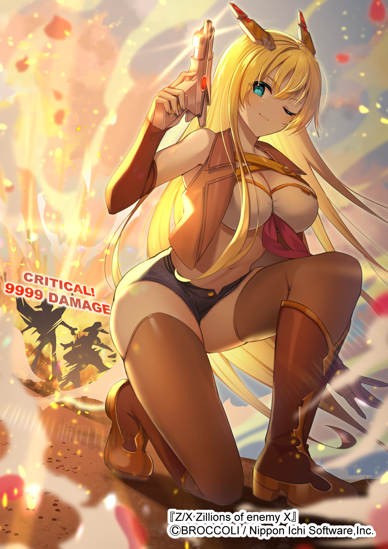 sakofu, rigel (z/x), z/x, highres, official art, 1girl, 2others, aqua eyes, blonde hair, boots, breasts, brown boots, brown jacket, building, cleavage, closed mouth, cloud, cloudy sky, copyright notice, damage numbers, explosion, gold trim, gradient sky, gun, hair ornament, holding, holding gun, holding weapon, huge breasts, jacket, long hair, multiple others, navel, neckerchief, on one knee, one eye closed, open clothes, open jacket, outdoors, petals, red neckerchief, short shorts, shorts, sky, sleeveless, sleeveless jacket, thighhighs, very long hair, weapon, white thighhighs