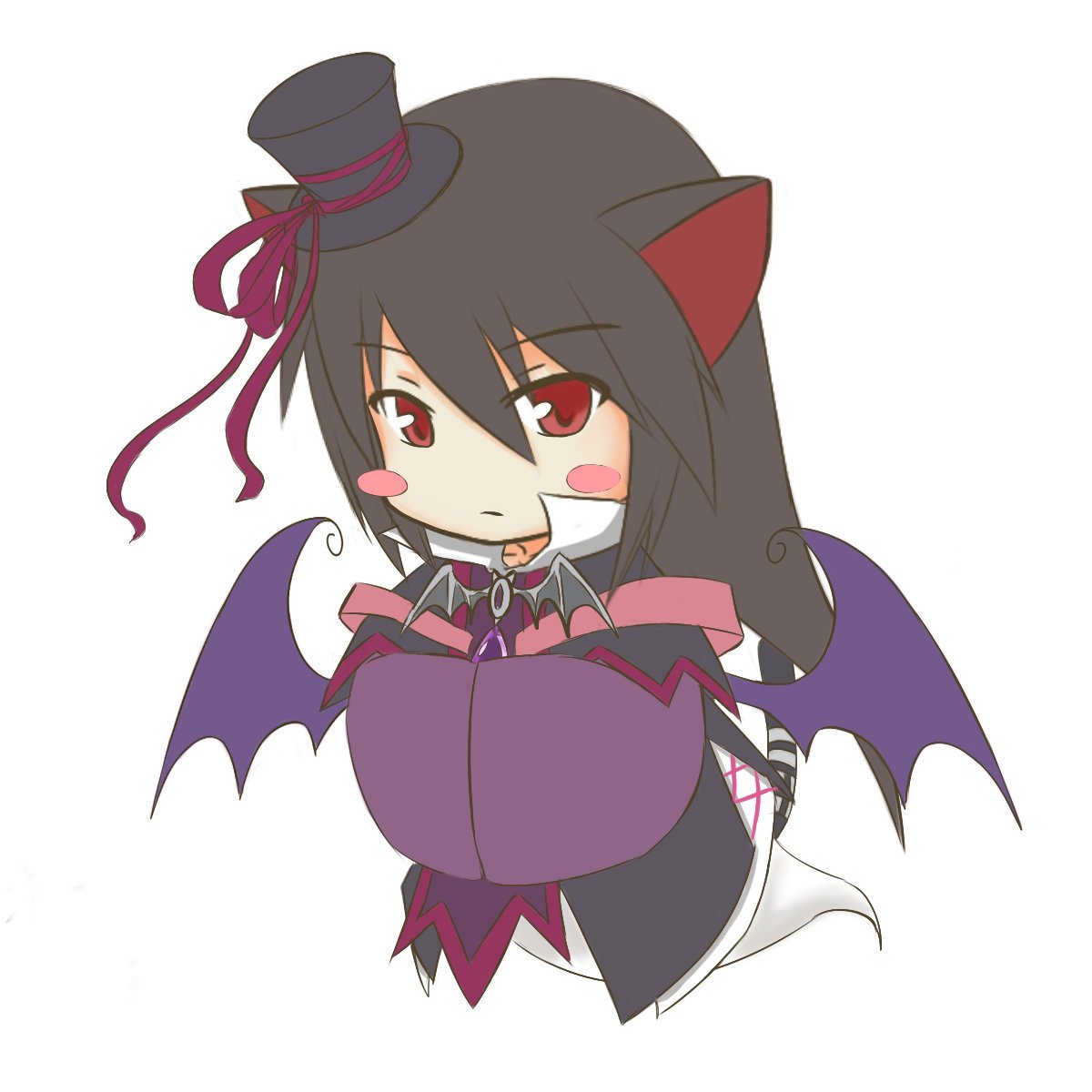 yukuri, nekomata kuro, emil chronicle online, highres, 1girl, animal ears, bat wings, black dress, black hair, black hat, black wings, blush stickers, cat ears, cat girl, cat tail, dress, ghost girl, ghost tail, hat, hat ribbon, jewelry, long hair, pendant, red eyes, red ribbon, ribbon, solo, tail, white background, wings
