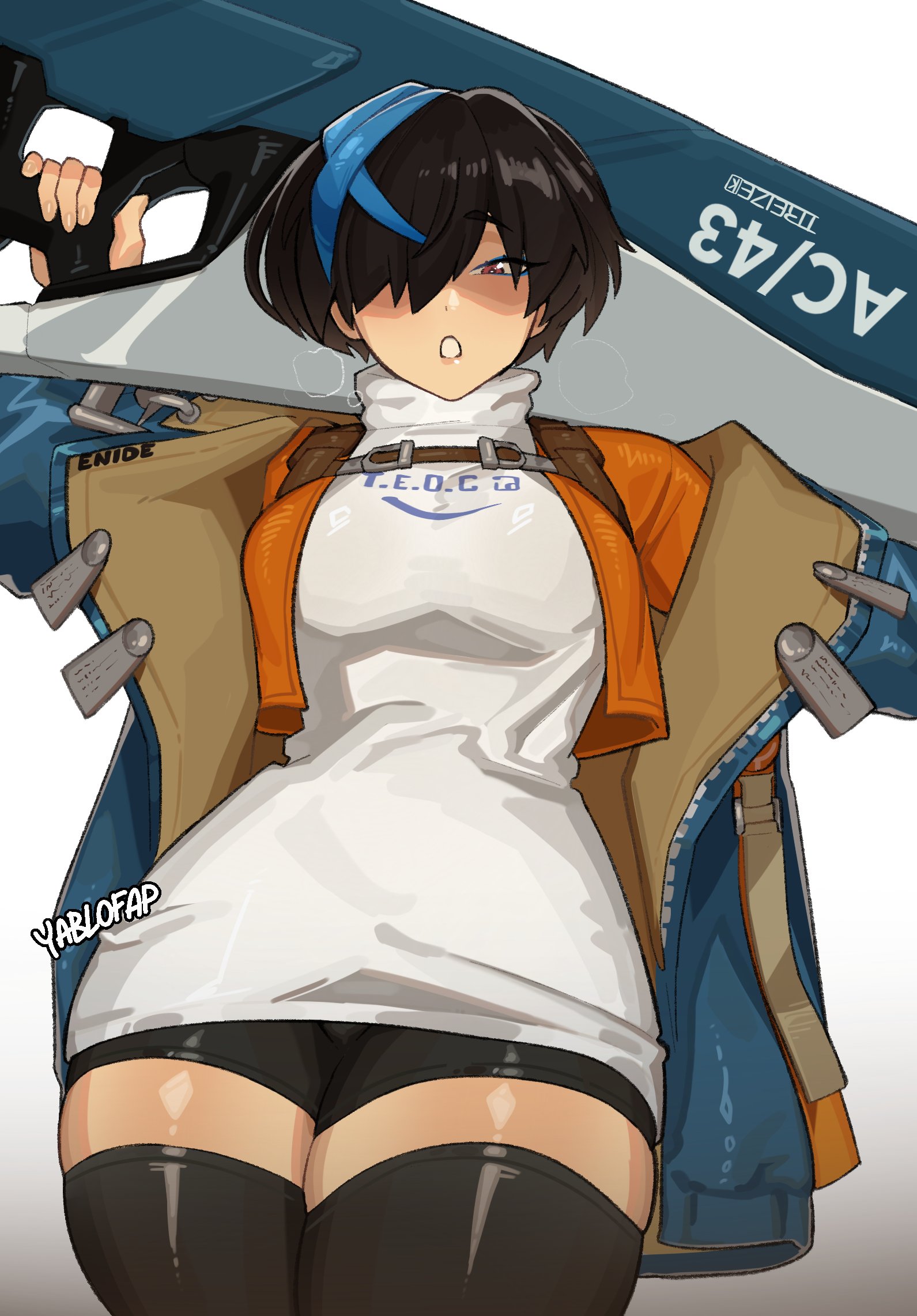 alohapz, unika (guilty gear), guilty gear, guilty gear strive, commentary, english commentary, highres, 1girl, black hair, black thighhighs, blue hair, blue jacket, blue streaks, breasts, holding, holding weapon, huge weapon, jacket, looking at viewer, multicolored hair, open clothes, open jacket, open mouth, over shoulder, red eyes, short hair, solo, streaked hair, thick thighs, thighhighs, thighs, turtleneck, weapon, weapon over shoulder