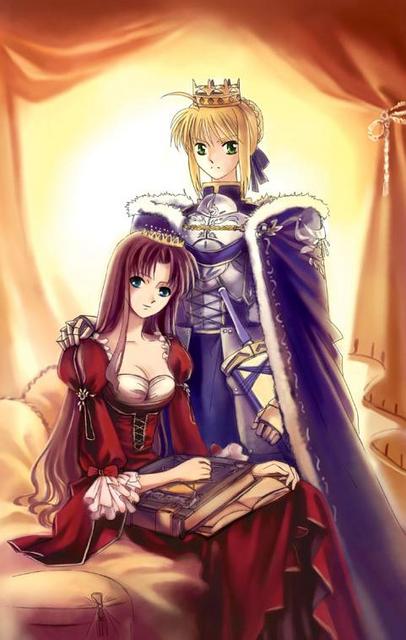 artoria pendragon (fate), guinevere, guinevere (fate/stay night), saber (fate), fate/stay night, fate (series), artist request, non-web source, 00s, 2girls, armor, blonde hair, blue eyes, book, breasts, brown hair, cape, cleavage, crown, dress, green eyes, hair down, hat, long hair, multiple girls, wife and wife, yuri