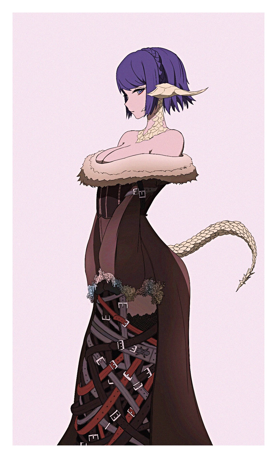 lulu (ff10), warrior of light (ff14), final fantasy, final fantasy x, final fantasy xiv, highres, 1girl, au ra, bare shoulders, belt, black dress, blue hair, border, braid, breasts, cleavage, cosplay, cowboy shot, crossed belts, crown braid, dragon horns, dragon tail, dress, fur-trimmed dress, fur trim, hariahana, horns, large breasts, lulu (ff10) (cosplay), multiple belts, off-shoulder dress, off shoulder, pink background, scales, short hair, sleeves past fingers, sleeves past wrists, tail, too many, too many belts, white border, wide sleeves