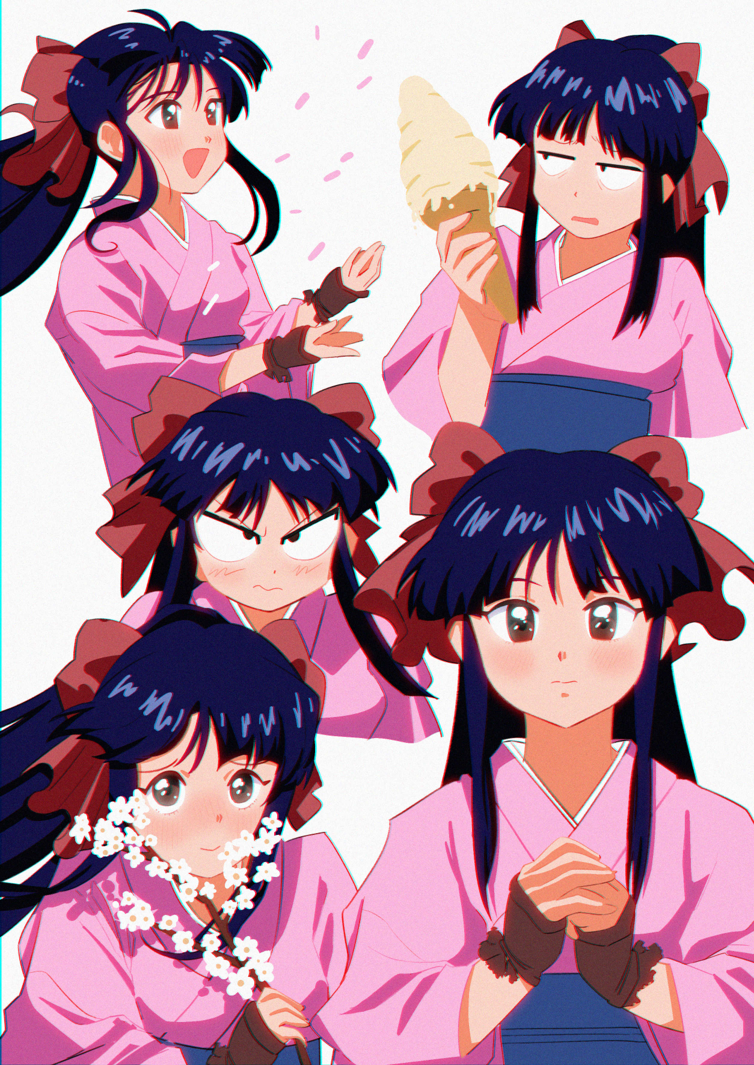 shinguuji sakura, sakura taisen, sega, absurdres, highres, 1girl, annoyed, blue hair, blush, bow, brown eyes, cherry blossoms, constricted pupils, fingerless gloves, gloves, hair ribbon, half-closed eyes, japanese clothes, legs, long hair, looking at viewer, multiple expressions, open mouth, own hands together, ponytail, red bow, ribbon, scene reference, smile, solo, thighs, tongue, weapon, wide-eyed
