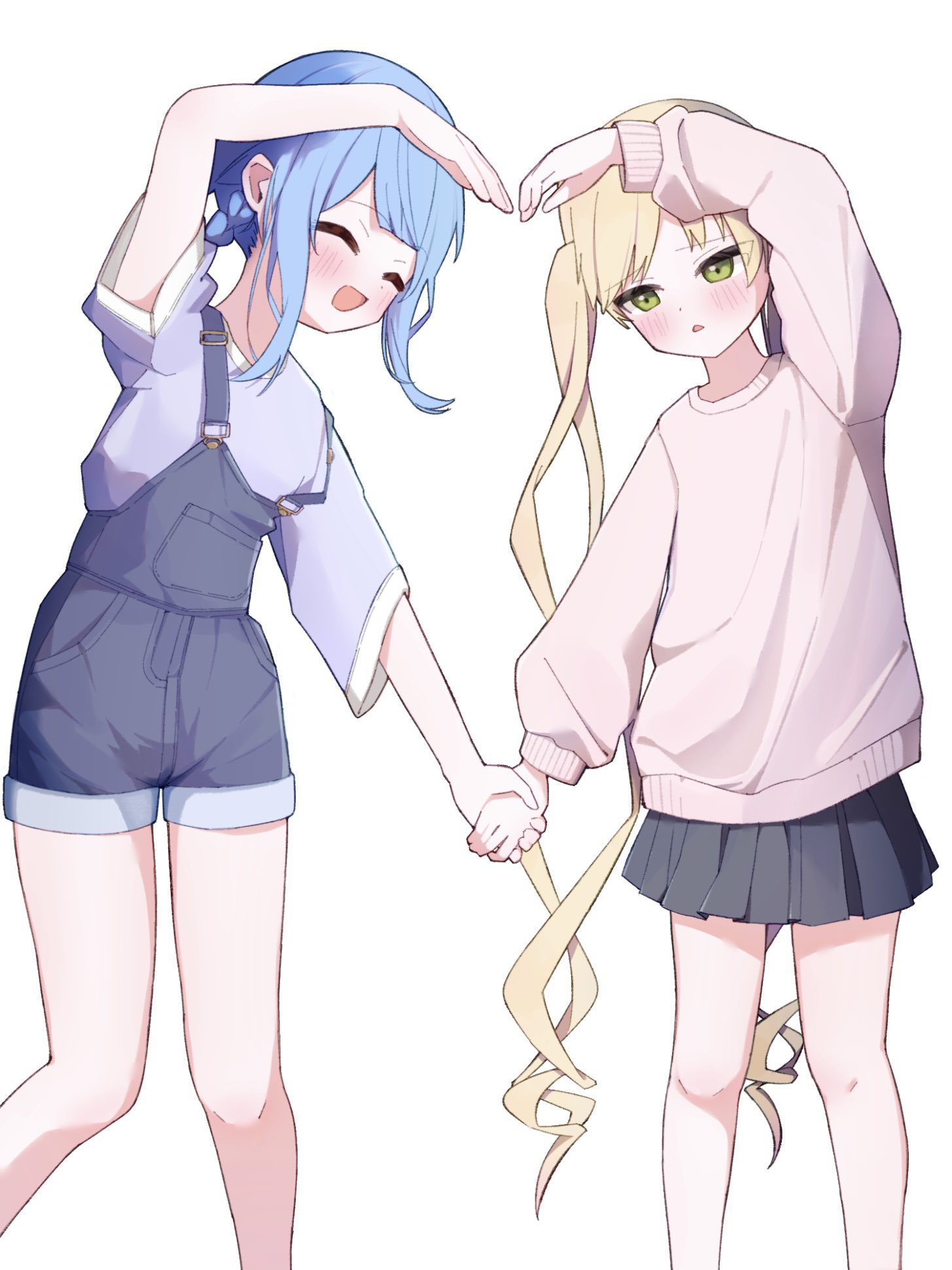 tachibana sherry, toono hanna, mahou shoujo no majo saiban, hashtag-only commentary, highres, 2girls, :d, alternate costume, arm up, black skirt, blonde hair, blue hair, blush, braid, braided hair rings, closed eyes, feet out of frame, green eyes, hair rings, heart arms, heart arms duo, holding hands, long hair, long sleeves, multiple girls, nekobanana (m23453456), open mouth, overall shorts, overalls, pink sweater, pleated skirt, purple shirt, shirt, simple background, skirt, smile, standing, sweater, twintails, white background