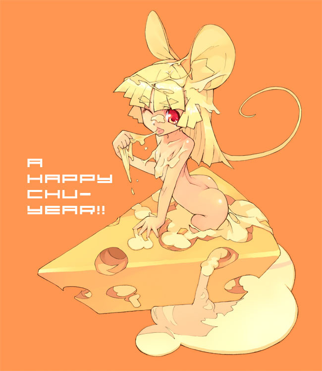 tagme, animal ears, food, mouse ears, nude, red eyes
