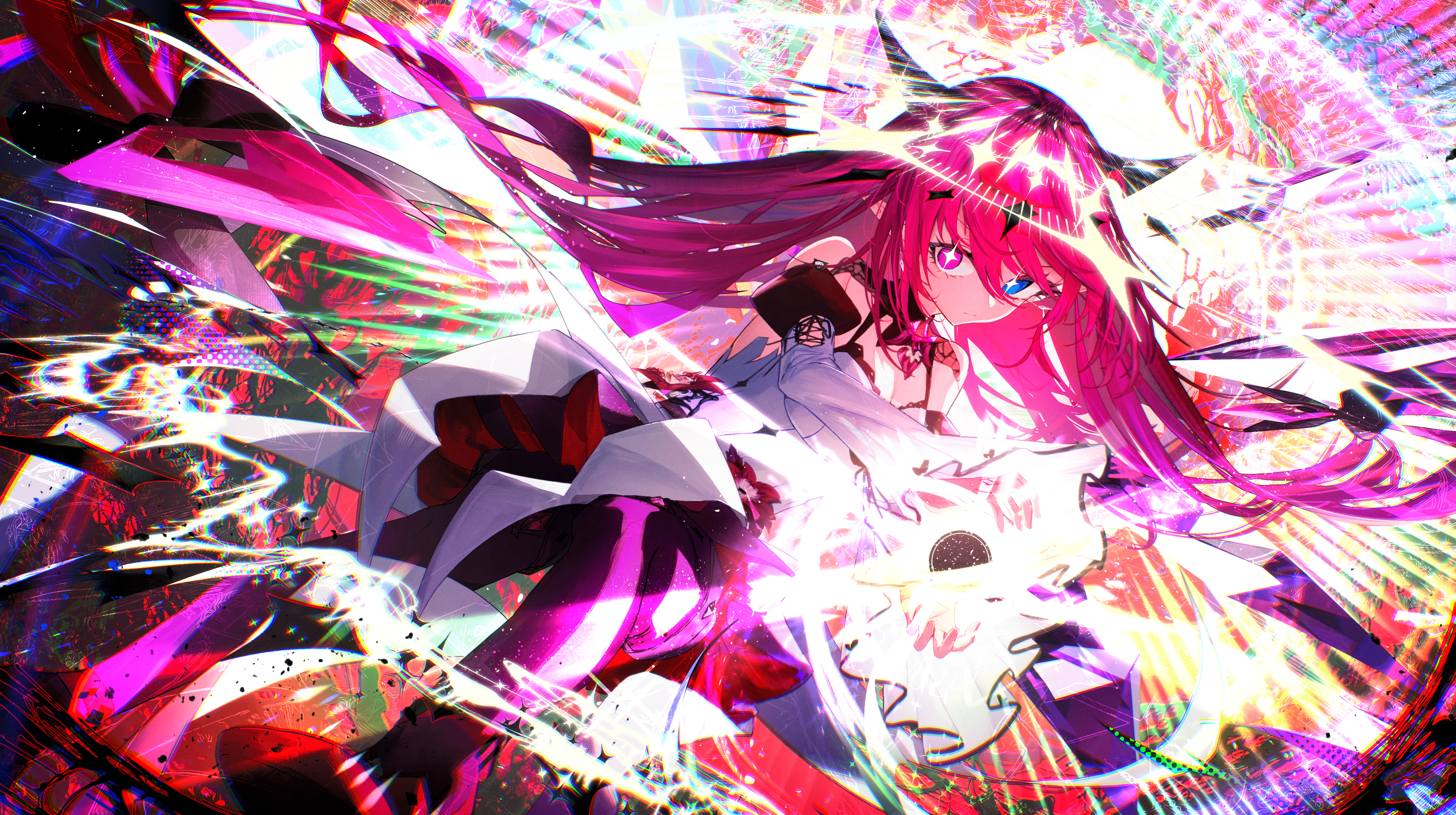 getto, irys (hololive), irys (irys 2.0) (hololive), hololive, hololive english, absurdres, commentary, english commentary, highres, 1girl, blue eyes, cleavage cutout, clothing cutout, crystal wings, detached sleeves, dress, floating hair, halo, heterochromia, horns, juliet sleeves, long hair, long sleeves, looking at viewer, pointy ears, puffy sleeves, purple eyes, purple hair, purple thighhighs, red shoes, shoes, short dress, sleeveless, sleeveless dress, solo, star-shaped pupils, star (symbol), strappy heels, symbol-shaped pupils, thighhighs, very long hair, virtual youtuber, white dress, wide sleeves, wings