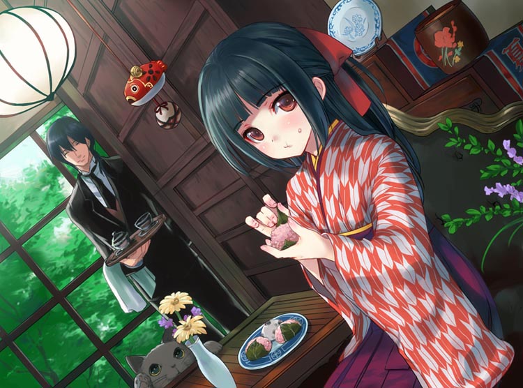 kasukabe akira, 1boy, 1girl, :t, arrow print, black hair, butler, cat, couch, dutch angle, eating, flower, food, food on face, formal clothes, hair ribbon, hakama, hakama skirt, indoors, japanese clothes, long hair, looking at viewer, meiji schoolgirl uniform, mochi, necktie, plate, red eyes, ribbon, sakura mochi, seiza, sitting, skirt, suit, tray, vase, wagashi, window, yagasuri