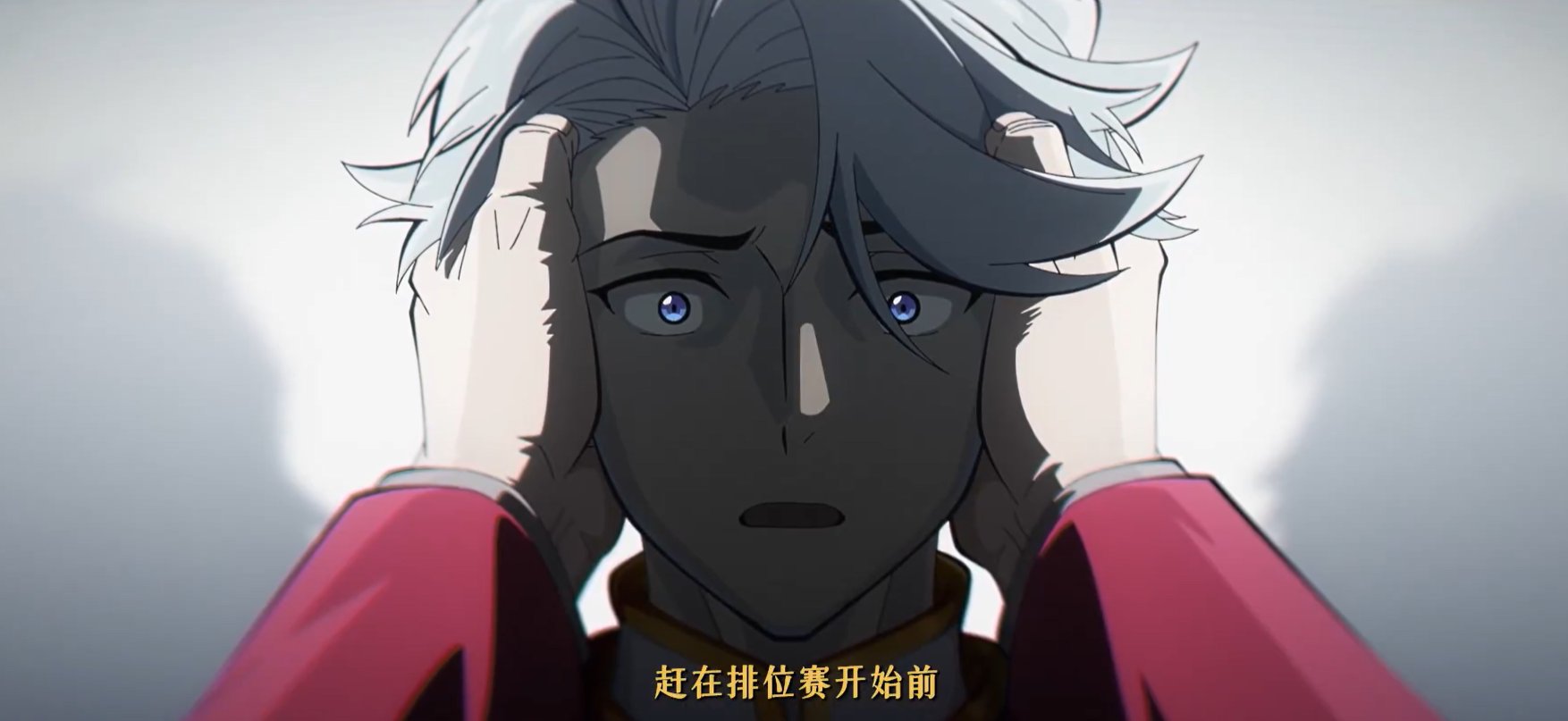 nice (to be hero x), to be hero, to be hero x, highres, translation request, :o, blue eyes, chinese text, curtained hair, grabbing another's hair, grabbing another's head, holding another's hair, kymeraka, looking at viewer, partially shaded face, portrait, pov, pov hands, red shirt, shirt, short hair, white hair, wide-eyed