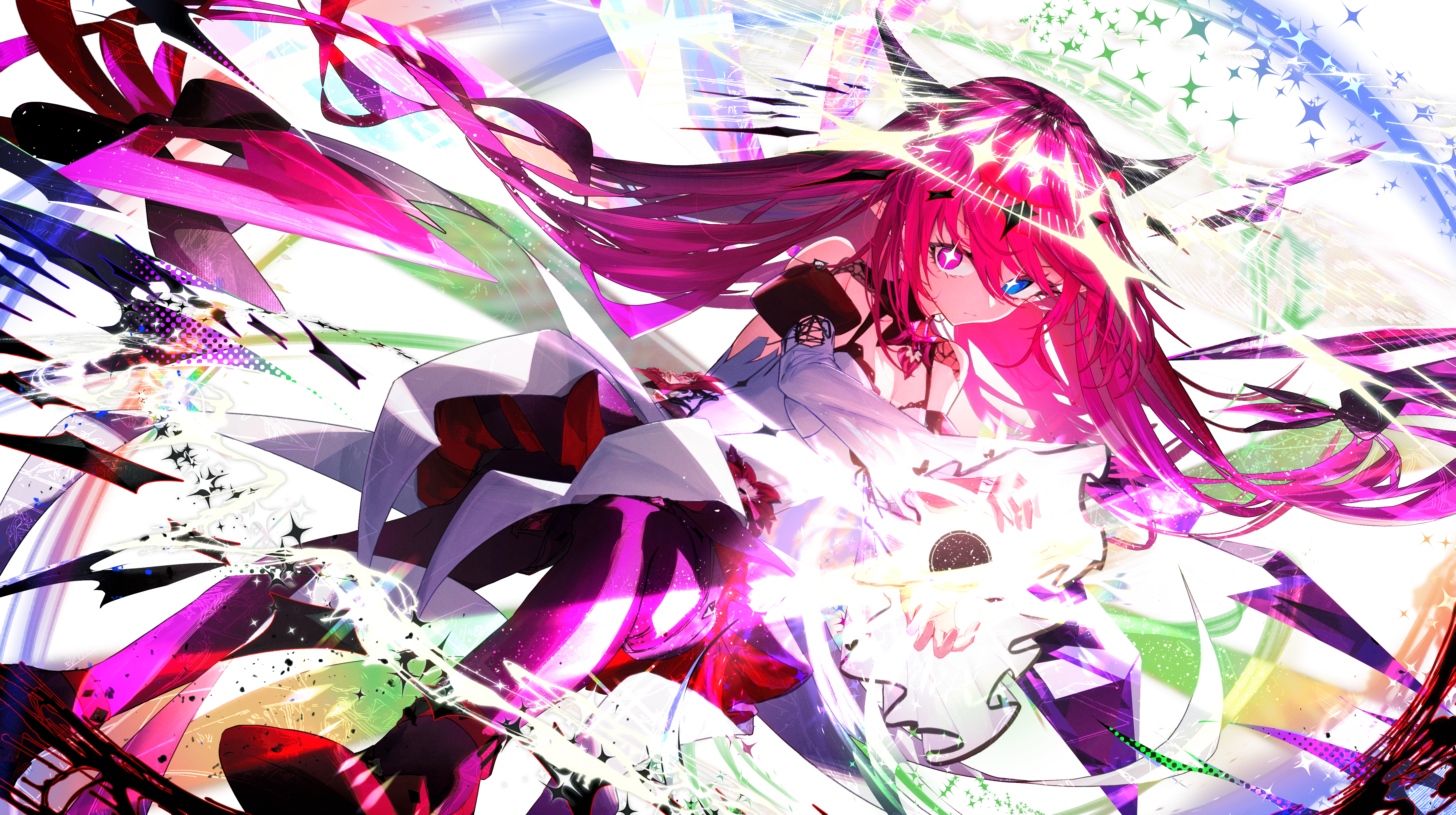 getto, irys (hololive), irys (irys 2.0) (hololive), hololive, hololive english, absurdres, commentary, english commentary, highres, 1girl, blue eyes, cleavage cutout, clothing cutout, crystal wings, detached sleeves, dress, floating hair, halo, heterochromia, horns, juliet sleeves, long hair, long sleeves, looking at viewer, pointy ears, puffy sleeves, purple eyes, purple hair, purple thighhighs, red shoes, shoes, short dress, sleeveless, sleeveless dress, solo, star-shaped pupils, star (symbol), strappy heels, symbol-shaped pupils, thighhighs, transparent background, very long hair, virtual youtuber, white dress, wide sleeves, wings