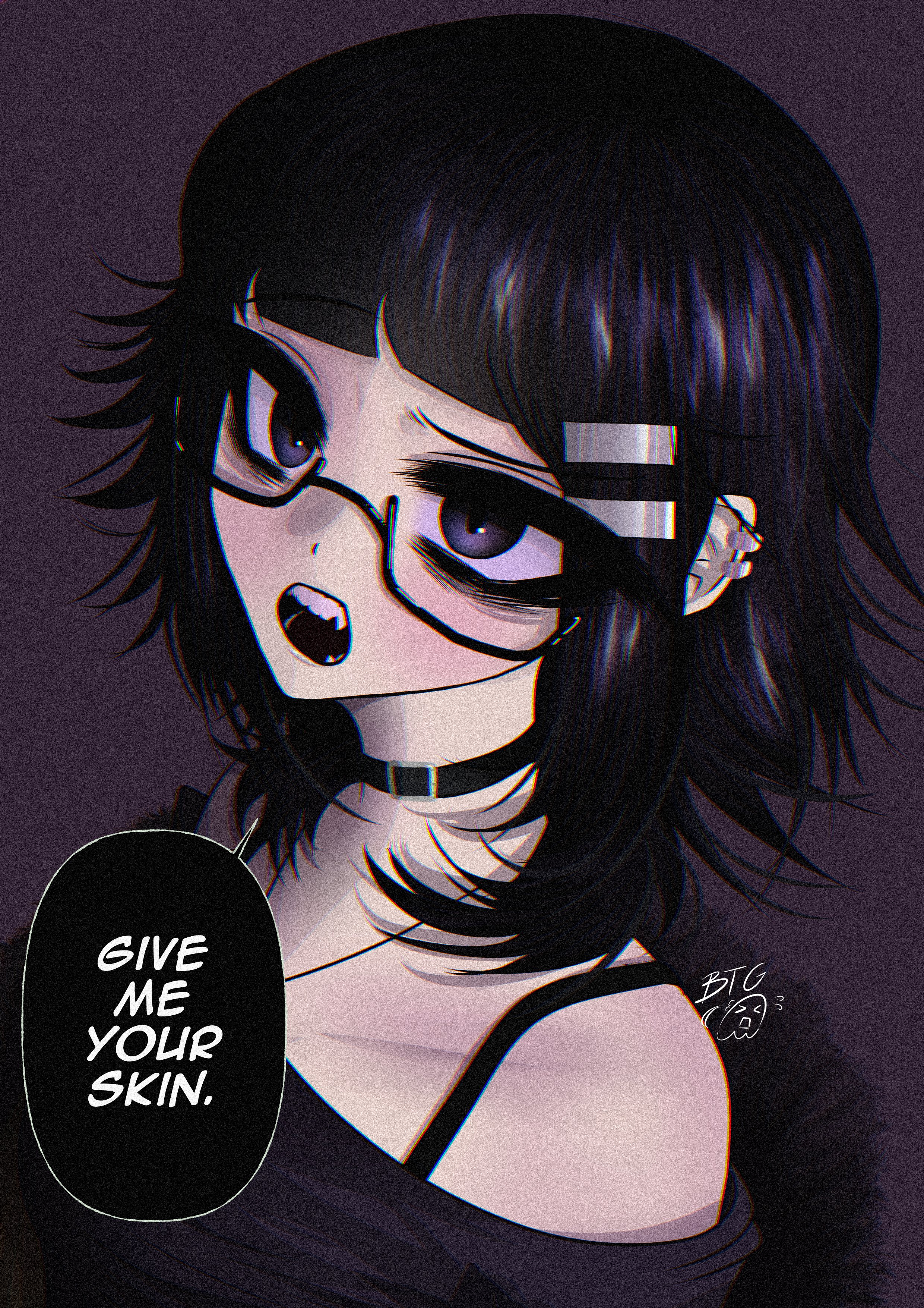 riyo kaede (mikuneki), original, absurdres, commentary, highres, 1girl, bare shoulders, black-framed eyewear, black choker, black eyes, black hair, black shirt, blunt bangs, bocchizaglokku, borrowed character, bra strap, choker, ear piercing, english text, film grain, glasses, hair ornament, hairclip, looking at viewer, open mouth, parallel hairclips, piercing, purple background, semi-rimless eyewear, shirt, short hair, signature, simple background, solo, speech bubble, talking, teeth, under-rim eyewear, upper body, upper teeth only
