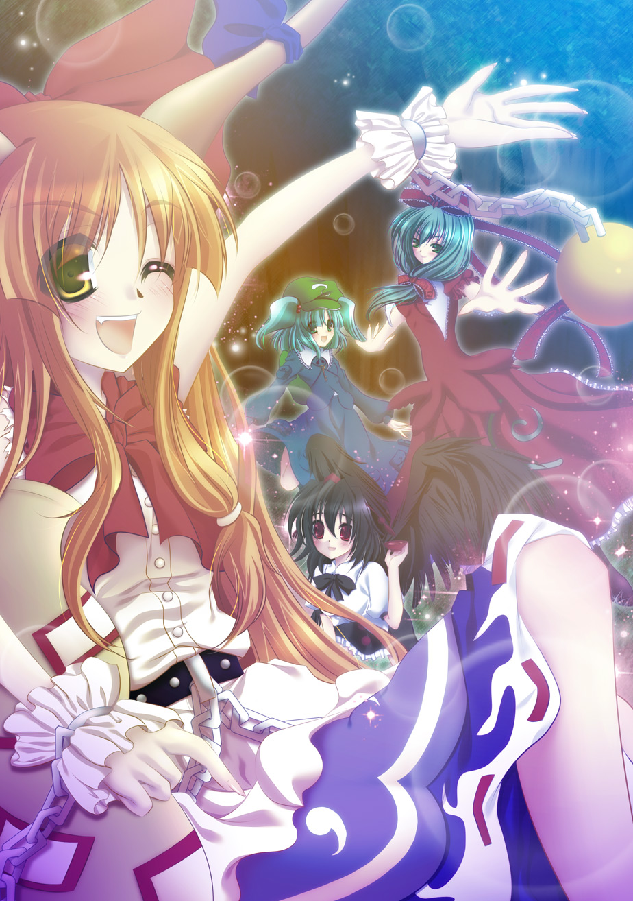 aota, ibuki suika, kagiyama hina, kawashiro nitori, shameimaru aya, touhou, bad id, bad pixiv id, highres, 4girls, black hair, blue hair, chain, female focus, frills, green eyes, green hair, horns, long hair, multiple girls, one eye closed, open mouth, orange hair, ribbon, short hair, two side up, wings, wink