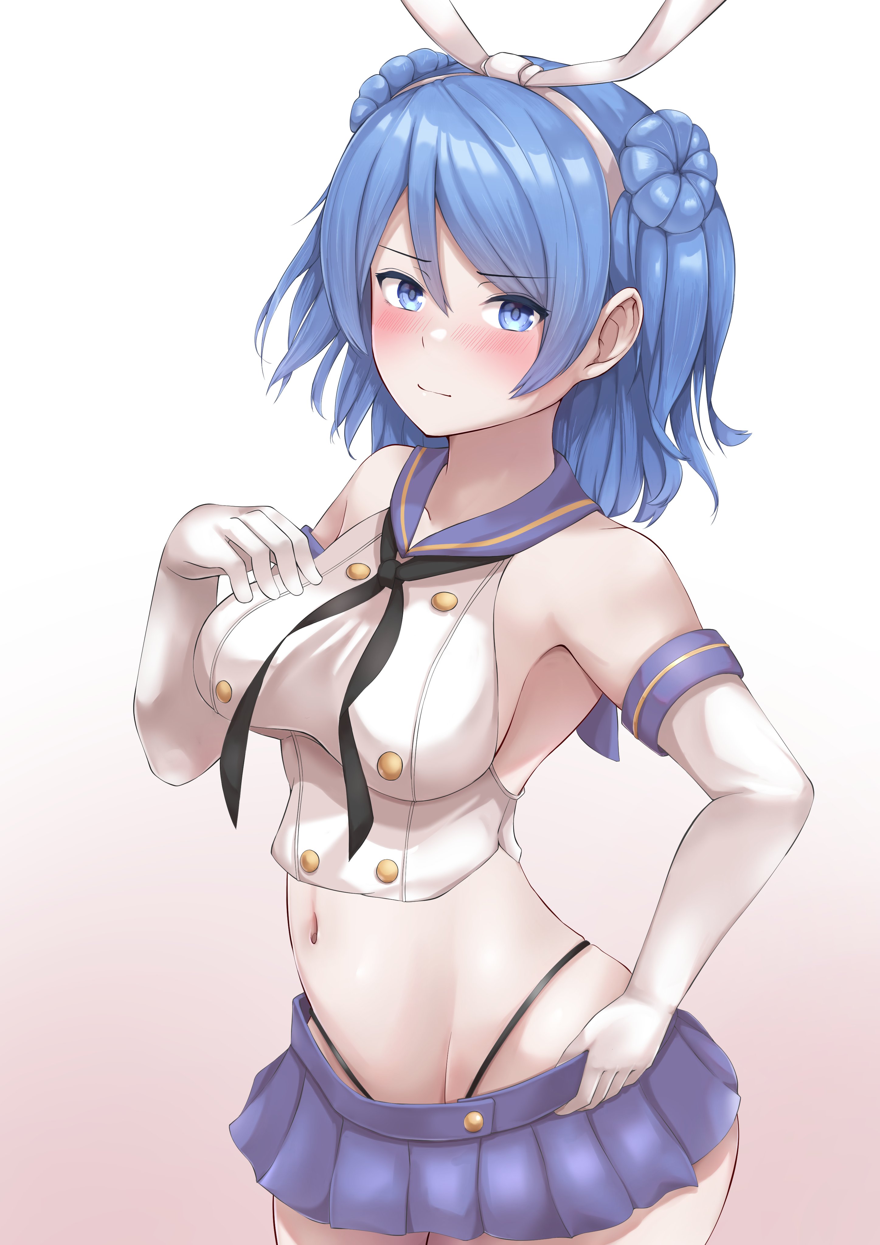 onozuka yuruo, shimakaze (kancolle), urakaze (kancolle), kantai collection, absurdres, commission, highres, skeb commission, 1girl, black panties, blue eyes, blue hair, blue skirt, blush, braid, breasts, cosplay, crop top, double bun, elbow gloves, gloves, gradient background, hair bun, hairband, highleg, highleg panties, long hair, medium breasts, medium hair, navel, panties, pink background, sailor collar, school uniform, serafuku, shimakaze (kancolle) (cosplay), skirt, underwear, white gloves