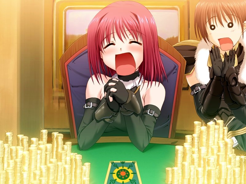 kannatsuki noboru, wicca amurita, maou to odore!, game cg, source request, 2girls, broke, closed eyes, gloves, gold, money, multiple girls, open mouth, poker, poker table, red hair, table