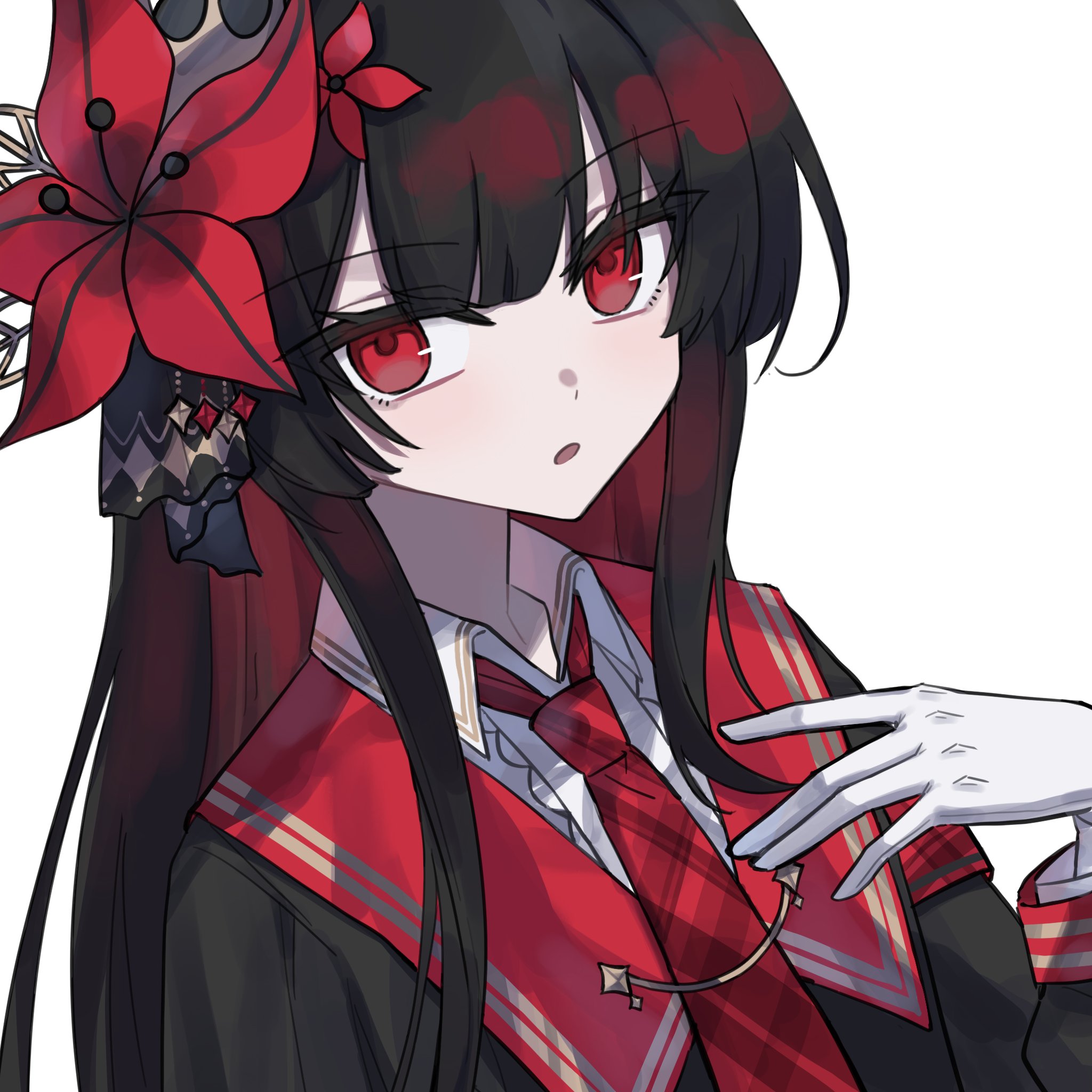 nikaidou hiro, mahou shoujo no majo saiban, hashtag-only commentary, highres, 1girl, black hair, blunt bangs, collared shirt, flower, gloves, hair flower, hair ornament, hand up, long hair, long sleeves, looking at viewer, magical girl, necktie, red eyes, red flower, red necktie, shirt, simple background, solo, upper body, white background, white gloves, yozkrhkg