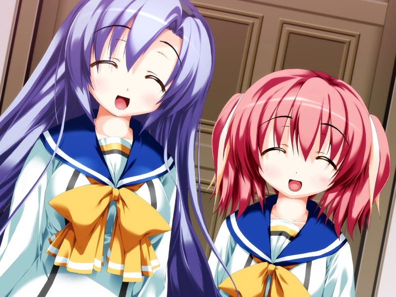 oshiki hitoshi, saginomiya mahiru, saginomiya yuuna, fami:liar?, 2girls, :d, blue hair, blush, bow, closed eyes, laughing, long hair, multiple girls, open mouth, purple hair, red hair, school uniform, serafuku, short hair, smile, twintails