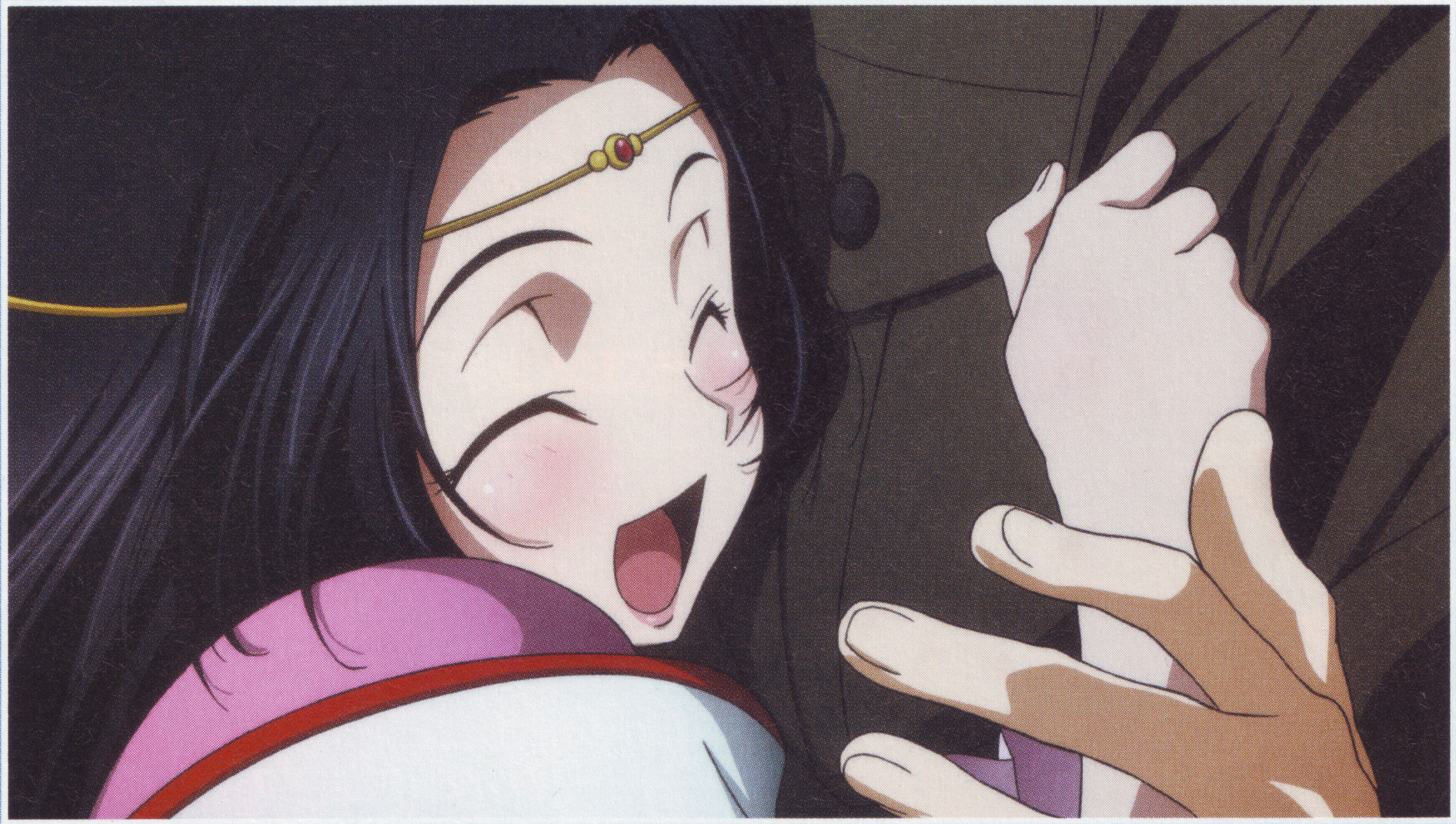 sumeragi kaguya, code geass, code geass: lost colors, anime screenshot, highres, scan, 00s, 1girl, :d, black hair, blush, closed eyes, female focus, long hair, open mouth, smile, solo