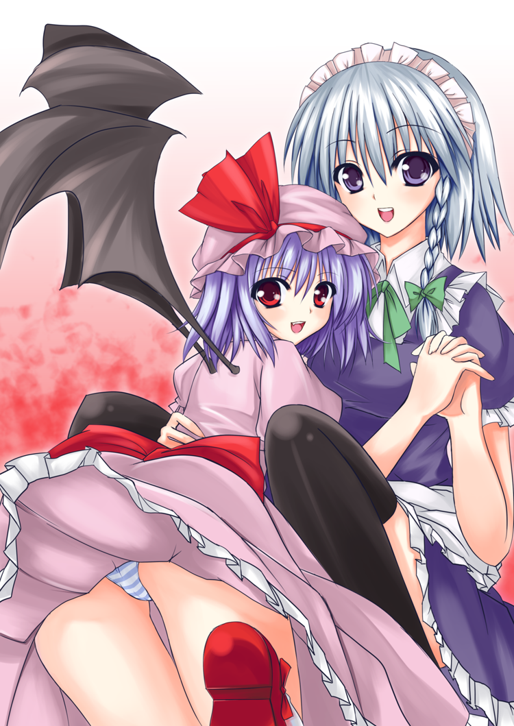 utakata (kochou no yume), izayoi sakuya, remilia scarlet, touhou, light purple hair, silver hair, bad id, bad pixiv id, 2girls, bat wings, blue hair, blue panties, bow, braid, female focus, hair bow, hat, holding hands, looking at viewer, looking back, maid, maid headdress, multiple girls, open mouth, panties, purple eyes, red eyes, ribbon, short hair, smile, striped clothes, striped panties, twin braids, underwear, upskirt, wings