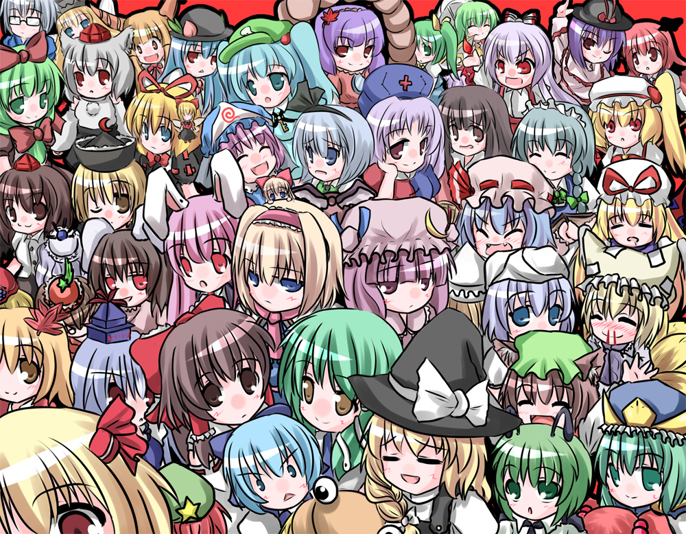 akabashi yuusuke, aki minoriko, aki shizuha, alice margatroid, chen, cirno, daiyousei, flandre scarlet, fujiwara no mokou, hakurei reimu, hinanawi tenshi, hong meiling, houraisan kaguya, ibuki suika, inaba tewi, inubashiri momiji, izayoi sakuya, kagiyama hina, kamishirasawa keine, kawashiro nitori, kazami yuuka, kirisame marisa, koakuma, kochiya sanae, konpaku youmu, letty whiterock, lily black, lily white, lunasa prismriver, lyrica prismriver, medicine melancholy, merlin prismriver, morichika rinnosuke, moriya suwako, mystia lorelei, nagae iku, onozuka komachi, patchouli knowledge, reisen udongein inaba, remilia scarlet, rumia, saigyouji yuyuko, shameimaru aya, shanghai doll, shiki eiki, su-san, wriggle nightbug, yagokoro eirin, yakumo ran, yakumo yukari, yasaka kanako, saturday night fever, touhou, light purple hair, silver hair, >:), >:3, 6+girls, :<, :3, :d, :o, = =, ^ ^, animal ears, antennae, aqua eyes, aqua hair, arm up, ascot, asymmetrical clothes, bat wings, blonde hair, blood, blue eyes, blue hair, blush stickers, bow, braid, brown eyes, brown hair, cat ears, chibi, closed eyes, crescent, detached sleeves, drooling, dual persona, everyone, fangs, food, fox tail, fruit, glasses, green eyes, green hair, hair bobbles, hair bow, hair ornament, hair ribbon, hairband, hat, head wings, horns, key, leaf, long hair, maid, maid headdress, mob cap, multiple girls, multiple tails, nosebleed, one eye closed, open mouth, parasol, peach, pink hair, purple eyes, purple hair, rabbit ears, red eyes, red hair, ribbon, short hair, side ponytail, smile, star (symbol), sun hat, suspenders, tail, tokin hat, triangle mouth, two side up, umbrella, v-shaped eyebrows, wavy mouth, wings, wink, witch hat, yellow eyes