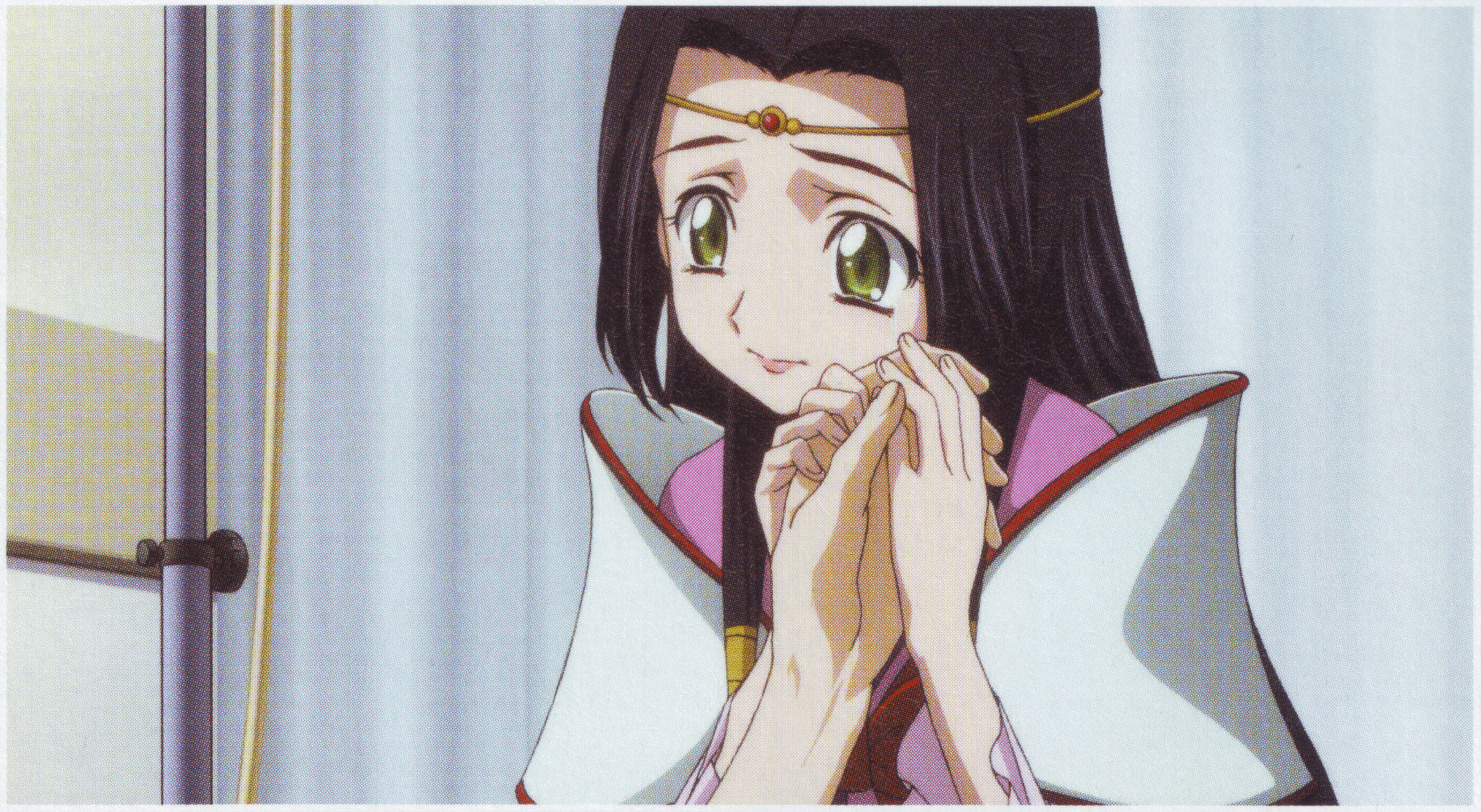sumeragi kaguya, code geass, code geass: lost colors, anime screenshot, highres, scan, scan artifacts, 00s, black hair, green eyes, long hair, solo, tears
