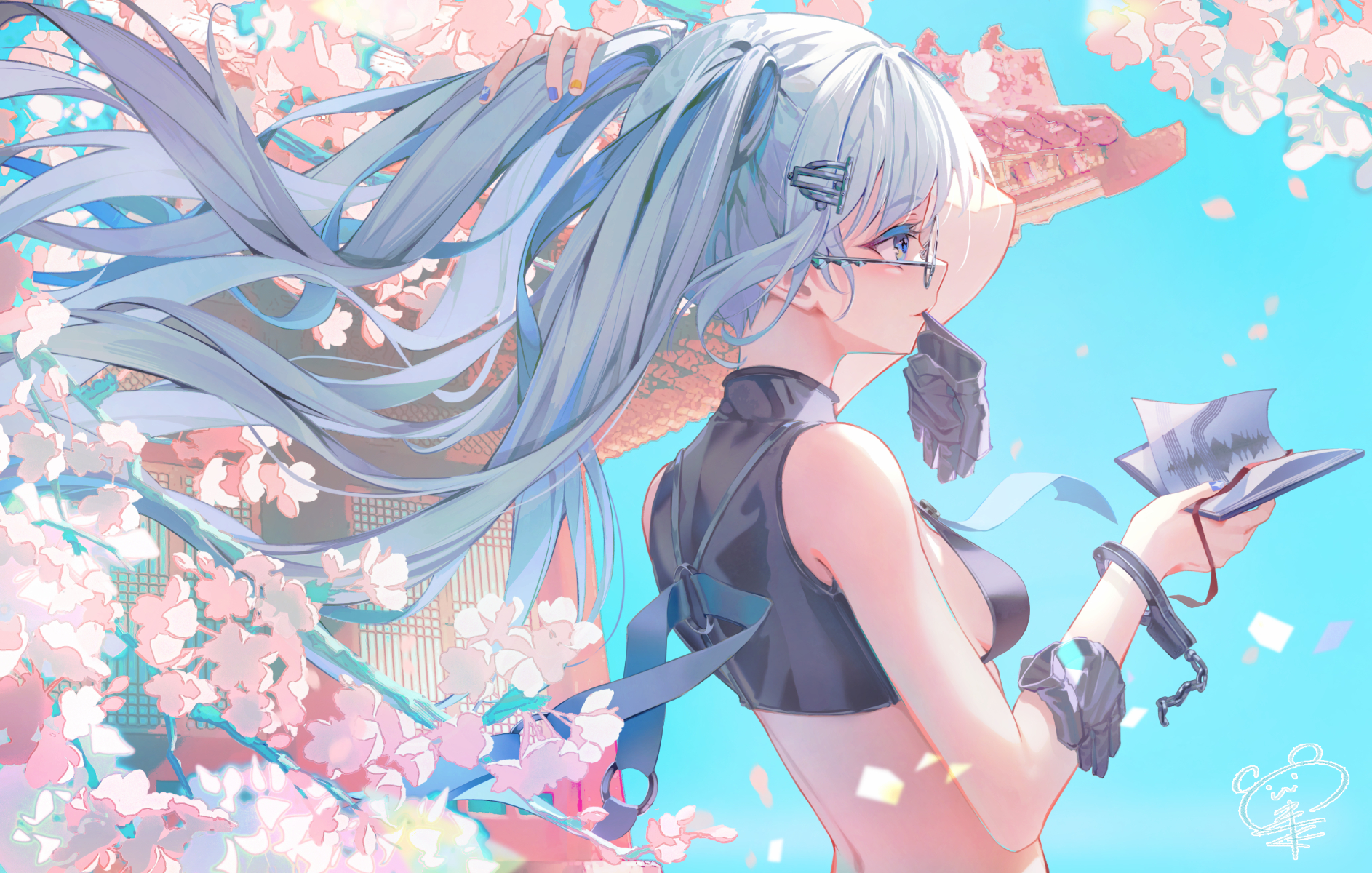 ruda (ruda e), original, commentary, highres, 1girl, arm up, bare shoulders, black shirt, book, breasts, cherry blossoms, crop top, cuffs, floating hair, glasses, gloves, grey eyes, grey gloves, hair ornament, hairclip, holding, holding book, long hair, looking ahead, median furrow, medium breasts, midriff, mouth hold, nail polish, open book, petals, profile, shirt, single handcuff, sleeveless, sleeveless shirt, solo, twintails, unworn gloves, upper body, very long hair, white hair
