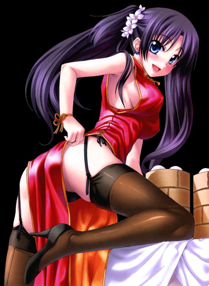kannatsuki noboru, 1girl, ass, back-seamed legwear, bent over, blue eyes, blush, breasts, china dress, chinese clothes, covered erect nipples, dress, female focus, garter belt, high heels, large breasts, open mouth, purple hair, seamed legwear, shoes, sideboob, solo, thighhighs, twintails