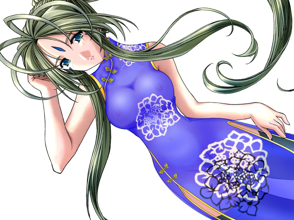 belldandy, aa megami-sama, 1girl, blue eyes, breasts, china dress, chinese clothes, dress, earrings, facial mark, female focus, female pubic hair, forehead mark, green hair, jewelry, large breasts, long hair, navel, nipples, no bra, no panties, pubic hair, see-through clothes, simple background, solo, thighhighs, very long hair