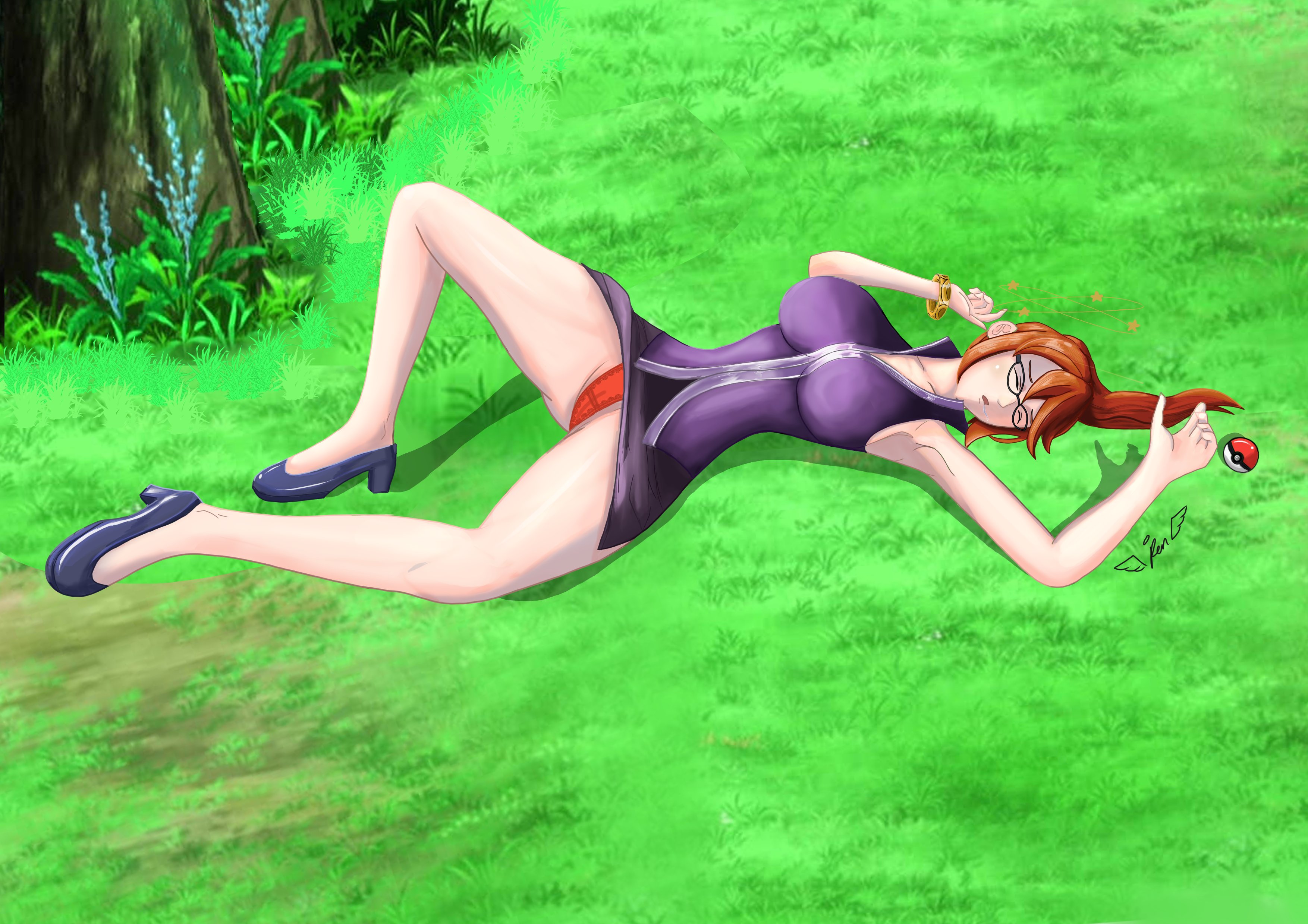 lorelei (pokemon), nintendo, pokemon, absurdres, commission, highres, vgen commission, 1girl, armpits, arms up, breasts, dazed, defeat, glasses, high heels, large breasts, miniskirt, panties, pencil skirt, poke ball, red hair, red panties, ryona, skirt, sleeveless, solo, tenshi ren, unconscious, underwear