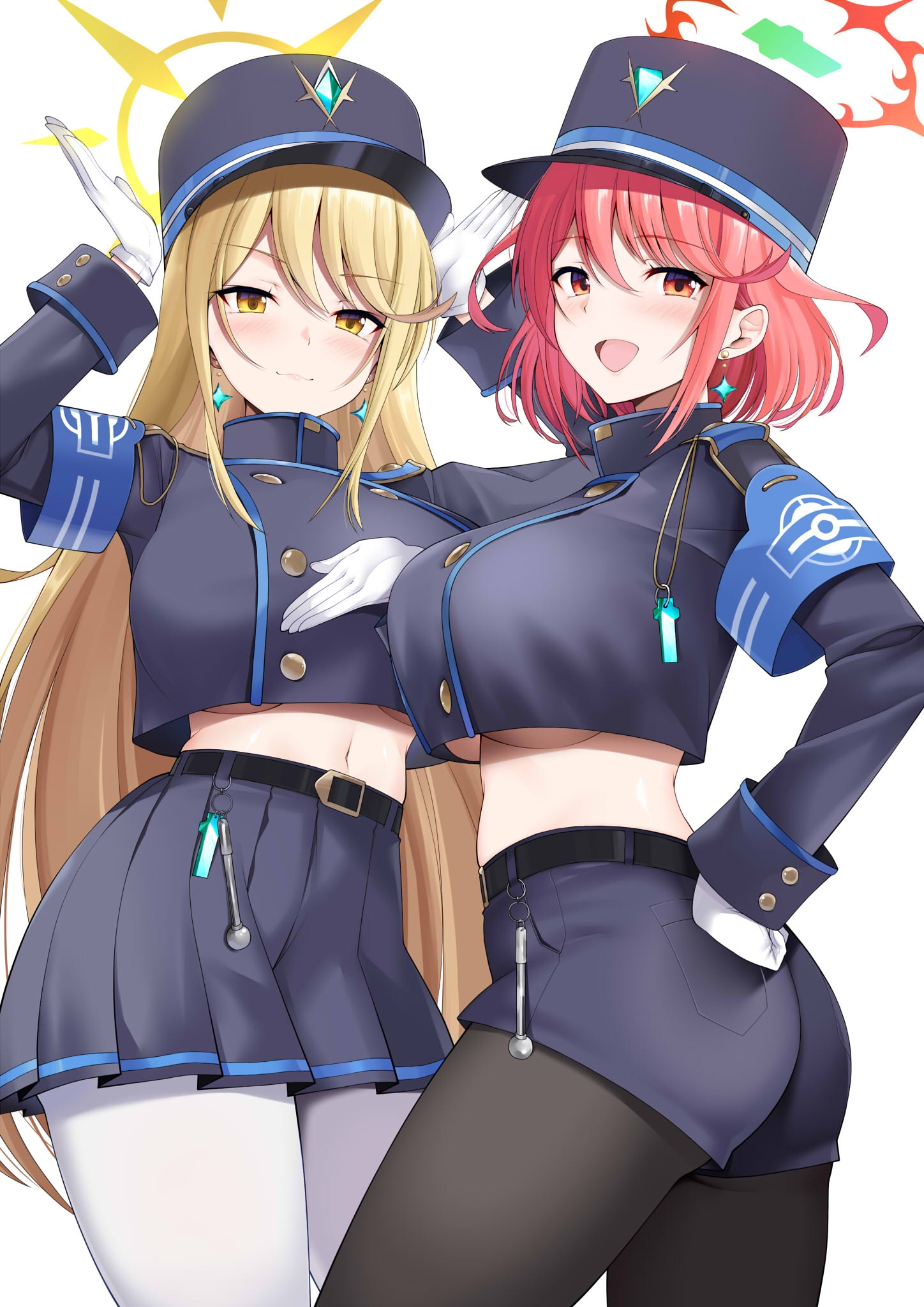 daive, hikari (blue archive), mythra (xenoblade), nozomi (blue archive), pyra (xenoblade), blue archive, xenoblade chronicles (series), xenoblade chronicles 2, highres, 2girls, :d, black hat, black pantyhose, black shorts, black skirt, blonde hair, breasts, closed mouth, cosplay, halo, hat, hikari (blue archive) (cosplay), large breasts, long hair, multiple girls, nozomi (blue archive) (cosplay), open mouth, pantyhose, red eyes, red hair, red halo, short hair, shorts, skirt, smile, standing, underboob, white pantyhose, yellow eyes, yellow halo