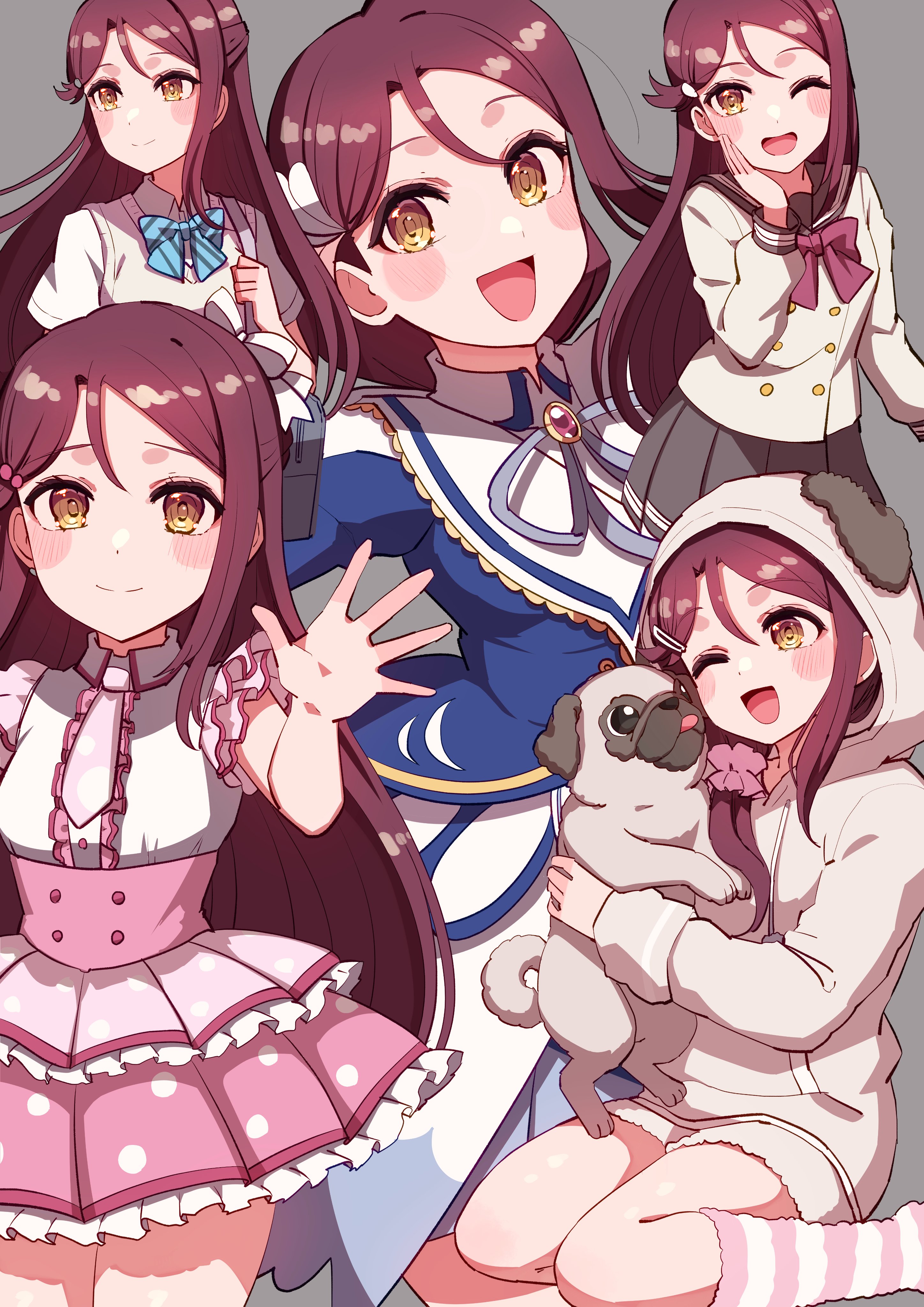 cream (nipakupa), sakurauchi riko, love live!, love live! sunshine!!, absurdres, commentary, highres, 1girl, animal, animal costume, birthday, blush, dog, dog costume, earrings, grey background, hair ornament, holding, holding animal, holding dog, jewelry, looking at viewer, multiple views, one eye closed, otonokizaka school uniform, red hair, school uniform, tongue, tongue out, uranohoshi school uniform, yellow eyes
