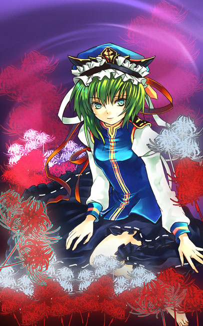szuinyo, shiki eiki, touhou, bad id, bad pixiv id, 1girl, female focus, flower, green hair, hat, red flower, ribbon, short hair, solo, spider lily