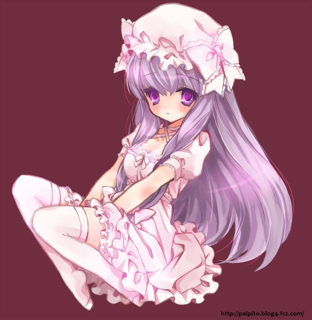 sacraneco, patchouli knowledge, touhou, bad id, bad pixiv id, 1girl, :o, bloomers, blush, bow, breasts, dress, female focus, frilled dress, frills, hair bow, hair ribbon, hat, hat bow, lace, lace-trimmed dress, lace trim, lolita fashion, long hair, pink dress, pink theme, puffy sleeves, purple background, purple eyes, purple hair, ribbon, short sleeves, simple background, solo, thighhighs, underwear, v arms, watermark, web address, white thighhighs, zettai ryouiki