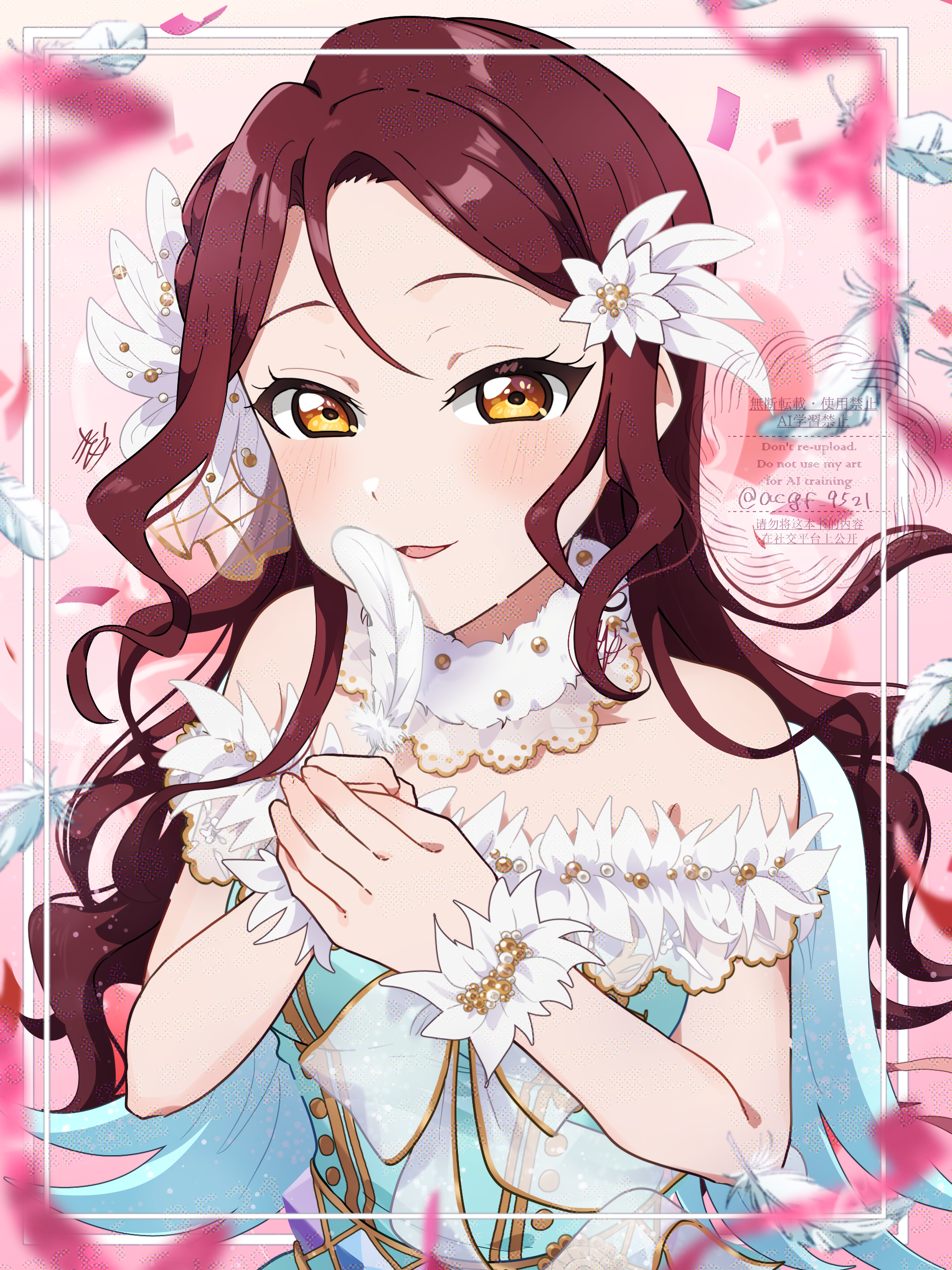 kyaku tasu, sakurauchi riko, love live!, love live! sunshine!!, absurdres, commentary, highres, 1girl, angel wings, birthday, blush, collarbone, confetti, feathers, holding, holding feather, long hair, looking at viewer, pink background, red hair, solo, twitter username, upper body, watermark, wavy hair, white feathers, wings, yellow eyes