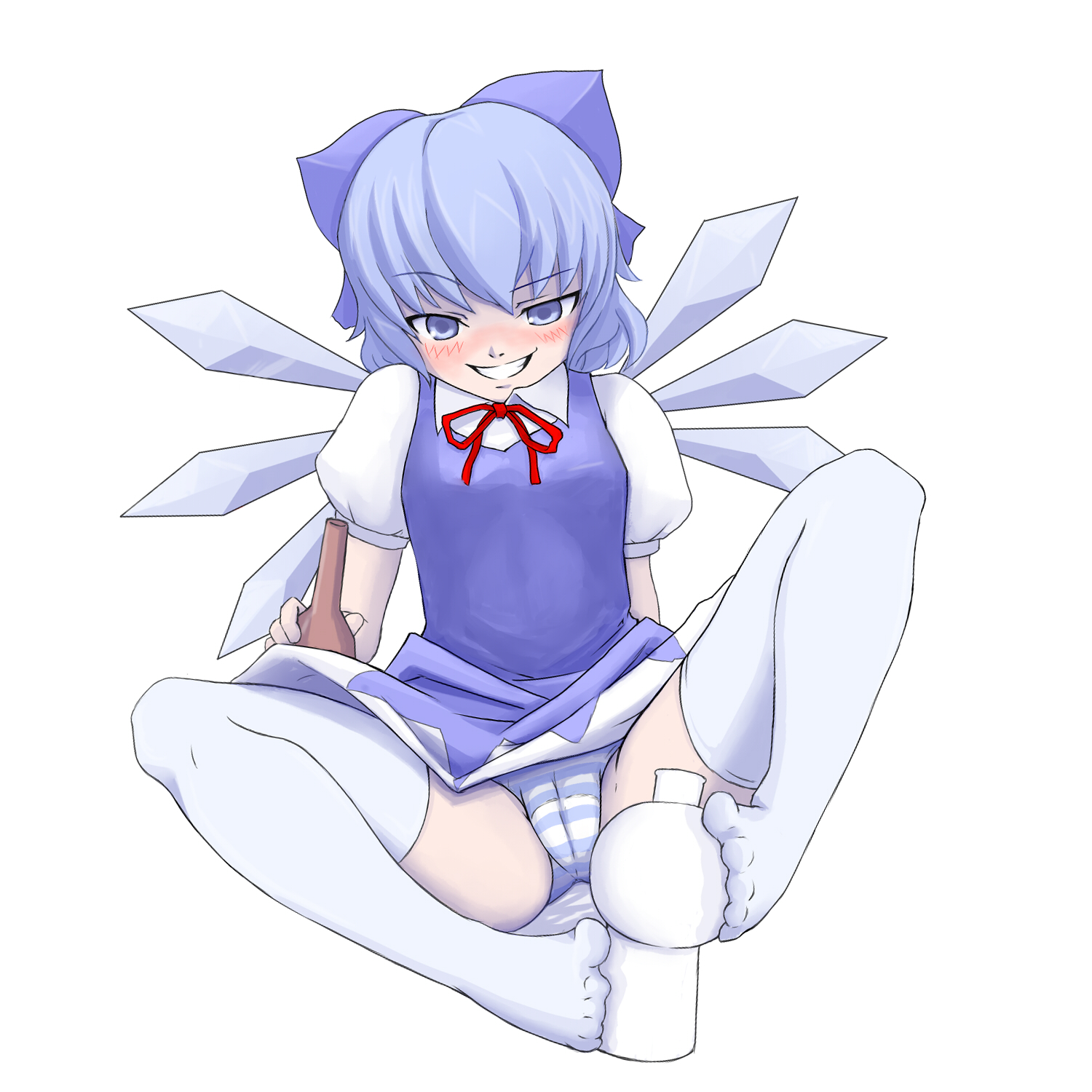 shishigami (sunagimo), cirno, touhou, bad id, bad pixiv id, highres, 1girl, blue eyes, blue hair, blue panties, blush, bow, cameltoe, drunk, feet, female focus, footjob, grin, hair bow, matching hair/eyes, naughty face, panties, pantyshot, ribbon, seductive smile, sexually suggestive, short hair, smile, solo, striped clothes, striped panties, thighhighs, underwear, wings