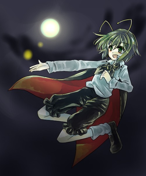 yutsuka, yutsuka (amyucca), wriggle nightbug, touhou, 1girl, antennae, arthropod girl, bug, cape, female focus, fireflies, firefly, green eyes, green hair, matching hair/eyes, moon, night, night sky, open mouth, short hair, sky, solo