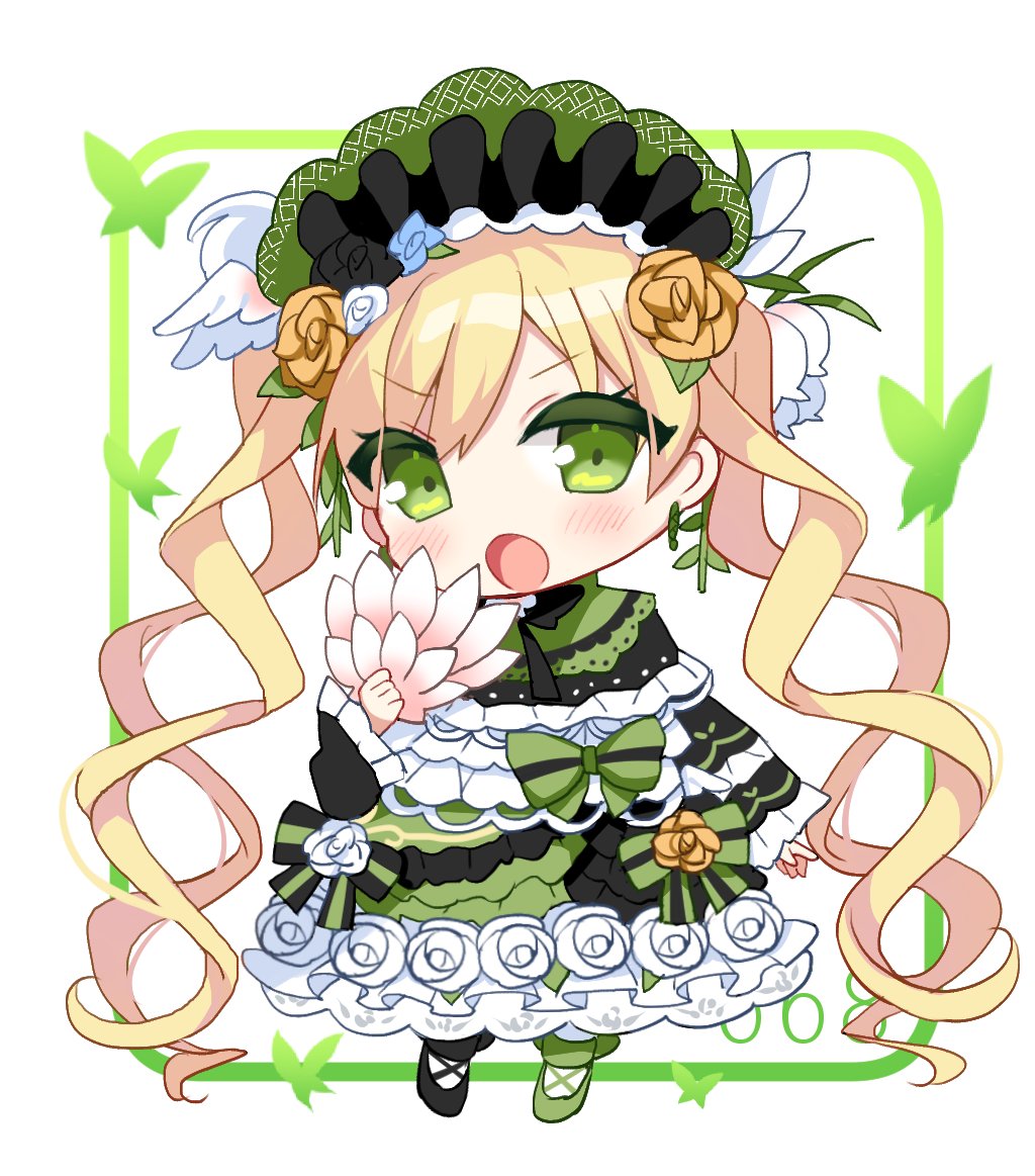 shikito (yawa0w0), toono hanna, mahou shoujo no majo saiban, commentary request, 1girl, :o, black capelet, black flower, black rose, blonde hair, bonnet, bow, bug, butterfly, capelet, dress, flower, frilled dress, frills, full body, green bow, green dress, green eyes, green shoes, hair flower, hair ornament, hand fan, holding, holding fan, insect, lolita fashion, long hair, long sleeves, looking at viewer, magical girl, open mouth, quad tails, rose, shoes, solo, twintails, v-shaped eyebrows, very long hair, white background, yellow flower, yellow rose