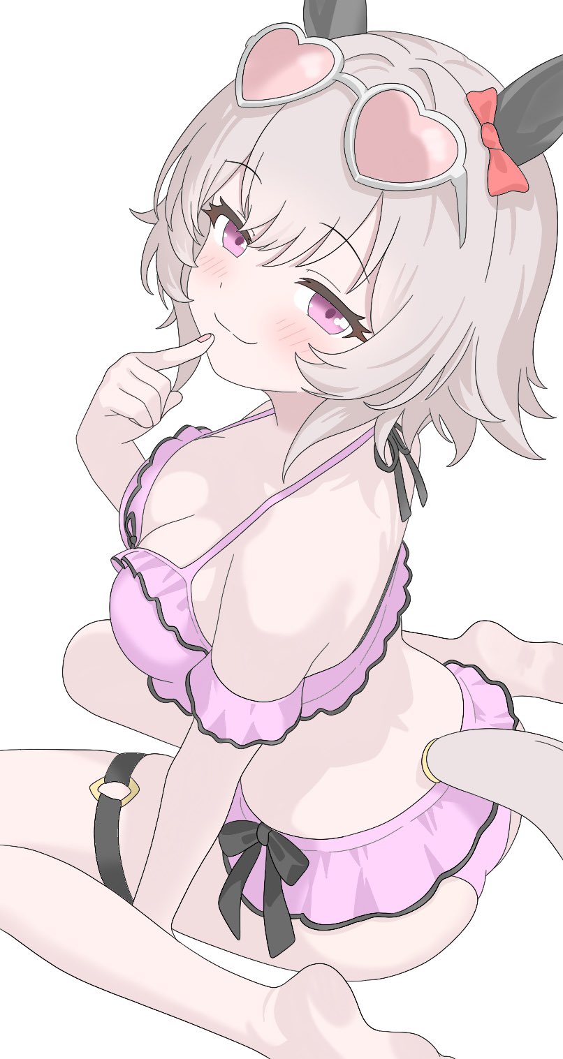 kurama (jpjvn42ej6tug5n), curren chan (umamusume), umamusume, highres, 1girl, animal ears, bare shoulders, bikini, blush, bow, breasts, cleavage, closed mouth, ear bow, ear covers, eyewear on head, grey hair, hair between eyes, heart, heart-shaped eyewear, horse ears, horse girl, horse tail, looking at viewer, medium breasts, pink-tinted eyewear, pink bikini, purple eyes, red bow, short hair, simple background, sitting, smile, solo, sunglasses, swimsuit, tail, thigh strap, tinted eyewear, wariza, white background
