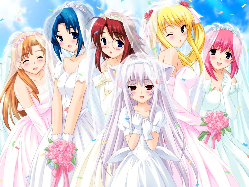 mutsumi masato, fujimiya rin, kirishima isami, nanatsuki ayane, natsume akina, ouka toki, senagawa satsuki, yokubari saboten, game cg, 6+girls, :d, :o, ;o, ^ ^, animal ears, blonde hair, blue eyes, blue hair, blush, bouquet, bridal veil, bride, closed eyes, confetti, dress, elbow gloves, everyone, female focus, flower, glasses, gloves, long hair, multiple girls, one eye closed, open mouth, orange hair, pink hair, purple eyes, purple hair, red eyes, red hair, short hair, smile, take your pick, twintails, veil, wedding dress, wink