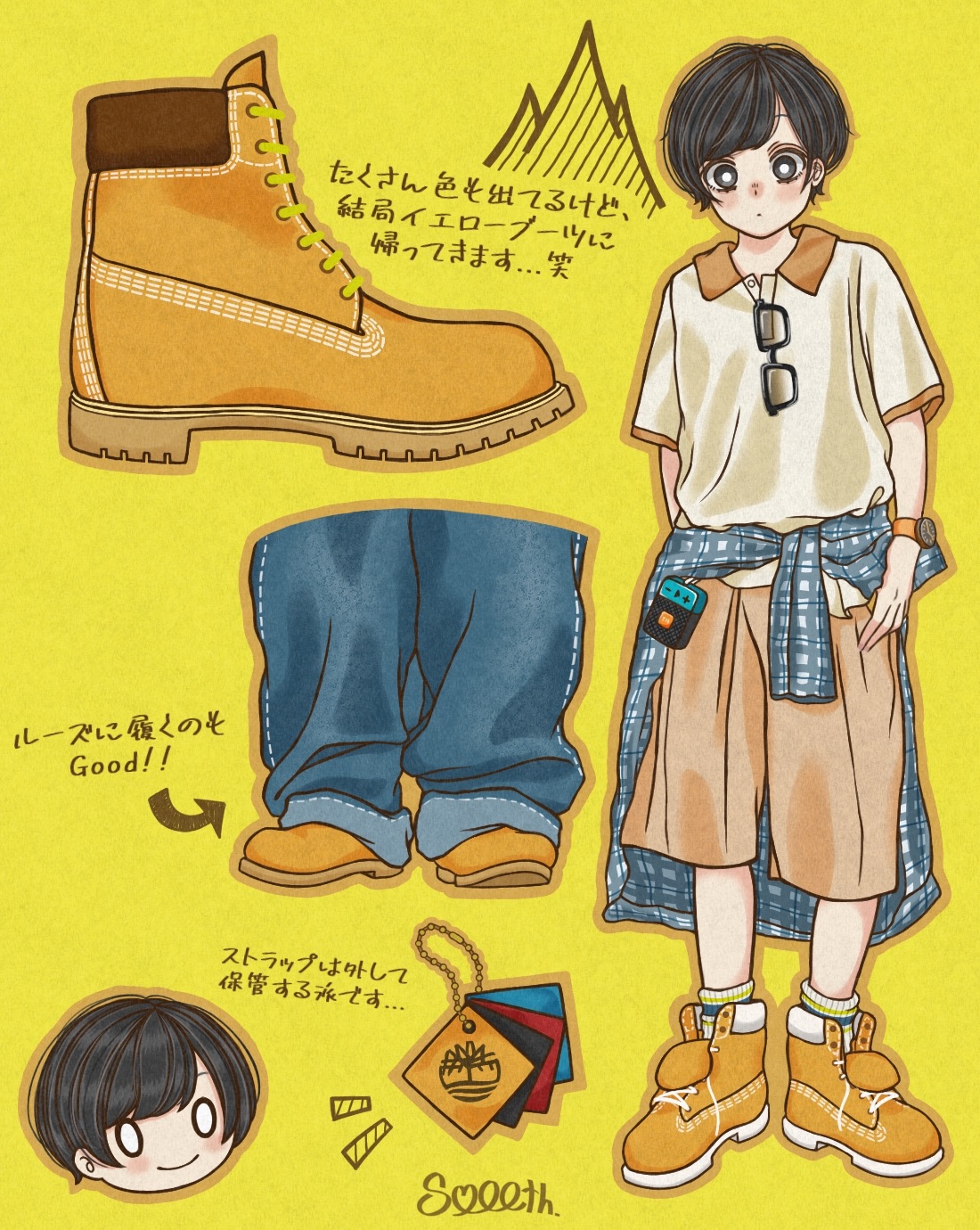 original, commentary request, highres, ibispaint (medium), translation request, 1boy, artist name, black-framed eyewear, black eyes, black hair, blue pants, boots, bright pupils, brown shorts, closed mouth, clothes around waist, collared shirt, dot mouth, eyewear hang, full body, head only, looking at viewer, male focus, no pupils, orange boots, pants, shirt, short sleeves, shorts, smile, smooth up 4l, socks, sunglasses, unworn boots, unworn eyewear, white pupils, white shirt, yellow socks