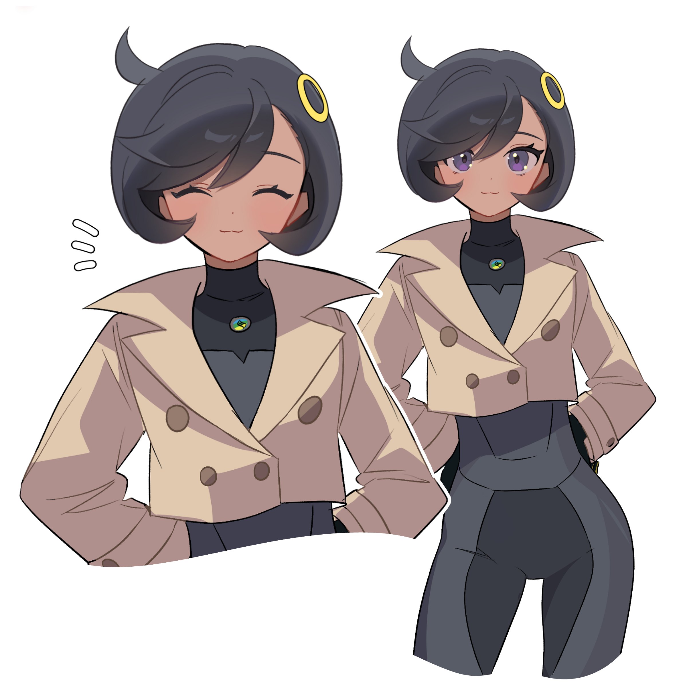 ebi (shrimp eleven), emma (pokemon), nintendo, pokemon, pokemon legends: z-a, absurdres, highres, 1girl, black bodysuit, black hair, blue eyes, blush, bodysuit, bodysuit under clothes, breasts, brown jacket, closed eyes, closed mouth, dark-skinned female, dark skin, hair ornament, jacket, looking at viewer, mega stone, purple eyes, short hair, simple background, smile, white background