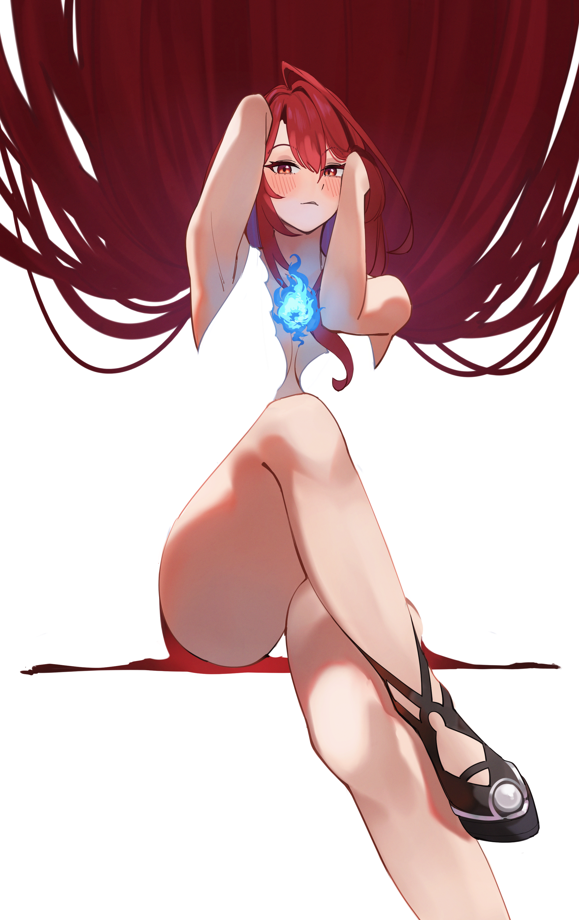 mr thecatman, elizabeth rose bloodflame, hololive, hololive english, absurdres, commentary, english commentary, highres, 1girl, ahoge, arm behind head, armpits, black shoes, blue fire, blue hair, blush, breasts, cleavage, colored inner hair, crossed legs, double-parted bangs, dress, fire, fire on chest, hair between eyes, hand in own hair, huge ahoge, looking at viewer, medium breasts, multicolored hair, panties, pantyshot, parted lips, red eyes, red hair, shoes, simple background, solo, underwear, virtual youtuber, white background, white dress, white panties