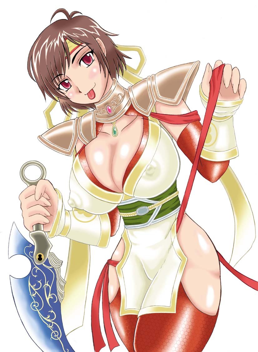 kyoten echo, z-sagat, nene, nene (sengoku musou), sengoku musou, sengoku musou 2, 1girl, :p, breasts, cleavage, covered erect nipples, female focus, huge breasts, solo, tongue, tongue out