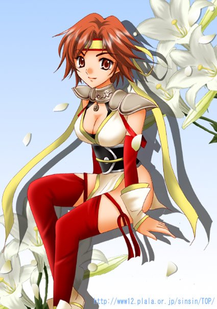 sinko (sinsin), nene, nene (sengoku musou), sengoku musou, sengoku musou 2, 1girl, blue background, blush, breasts, brown eyes, brown hair, choker, cleavage, female focus, headband, jewelry, looking at viewer, obi, pendant, red thighhighs, sash, simple background, sitting, solo, thighhighs, watermark, web address