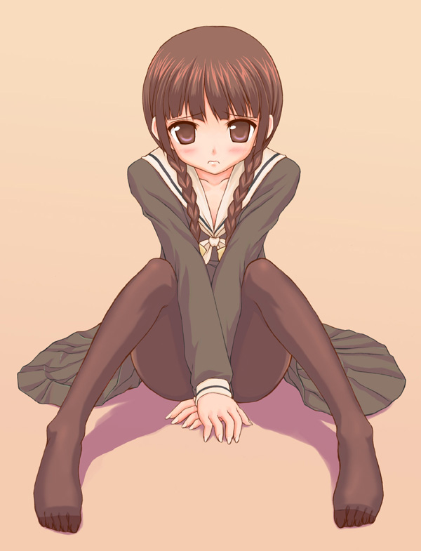 shimazu yoshino, maria-sama ga miteru, 00s, blush, brown hair, feet, pantyhose, purple eyes, school uniform, serafuku, sitting, solo