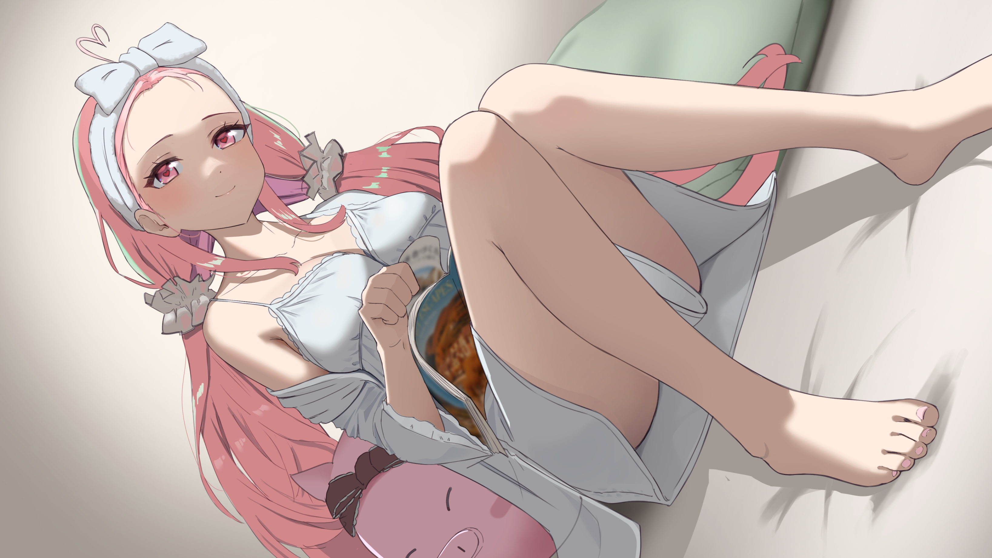 taachika, gabu rielu, aogiri koukou, absurdres, highres, 1girl, ahoge, bare shoulders, blush, breasts, dress, hairband, heart, heart ahoge, holding, holding magazine, jacket, knee up, large breasts, looking at viewer, magazine (object), open clothes, open jacket, pink hair, sitting, smile, solo, twintails, white dress, white hairband, white jacket