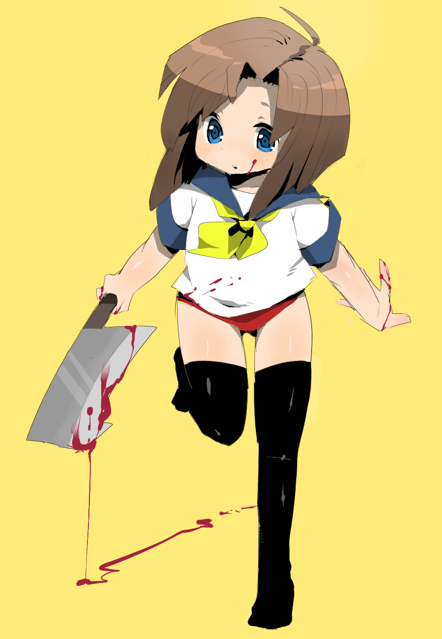 ichihaya, ryuuguu rena, higurashi no naku koro ni, highres, 00s, 1girl, billhook, blood, blue eyes, brown hair, buruma, female focus, hashitsuki nata, hatchet, knife, nata (tool), school uniform, serafuku, short hair, simple background, solo, thighhighs, yellow background
