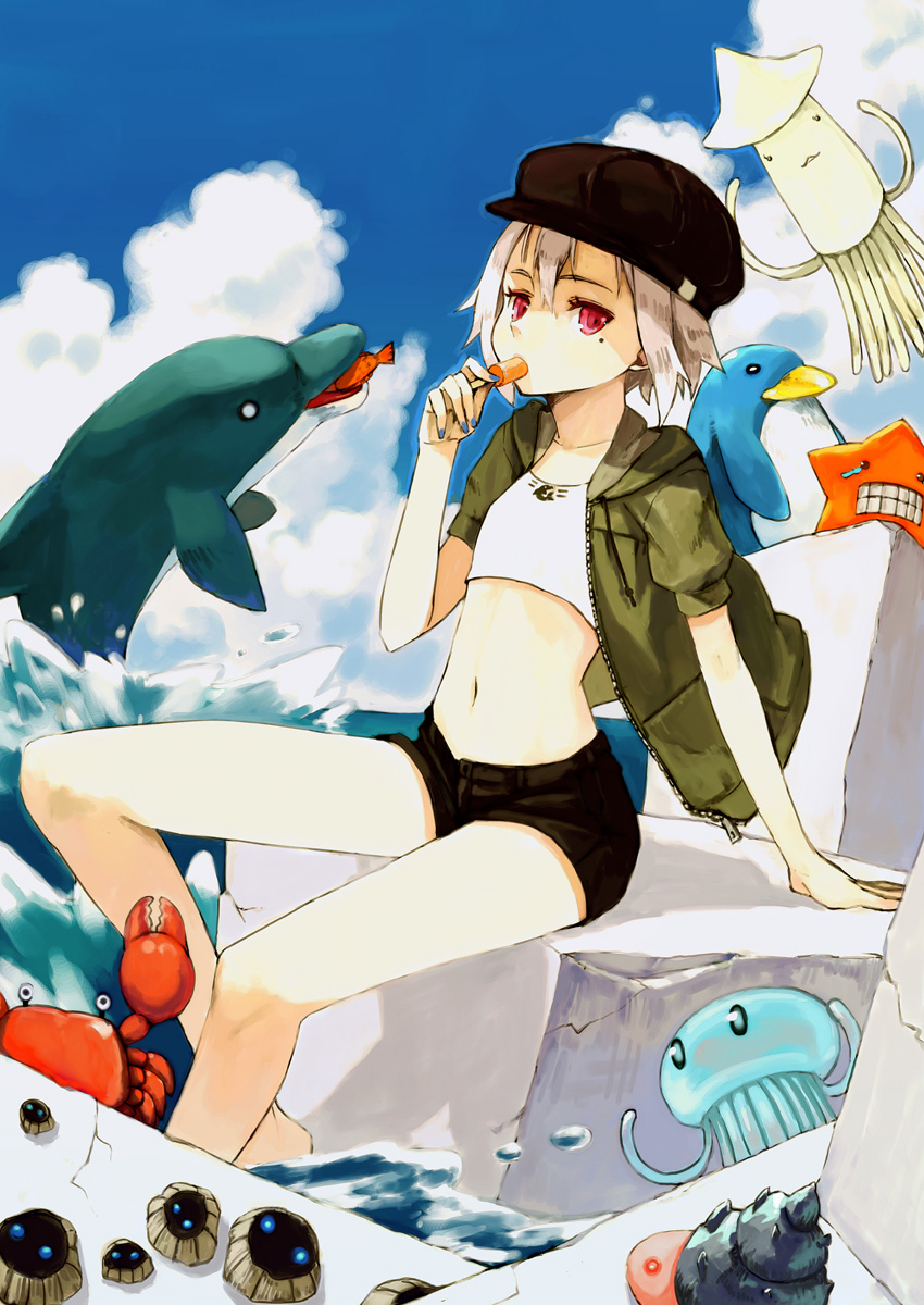 houru, original, highres, 1girl, albino, bird, crab, crop top, crustacean, dolphin, female focus, flat chest, hat, jacket, jellyfish, midriff, mole, mole under eye, penguin, red eyes, seashell, shell, short hair, shorts, sitting, solo, white hair