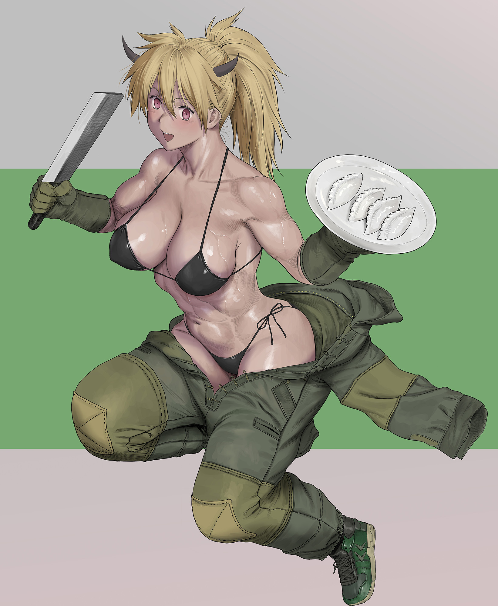 jeneral, nikaidou (dorohedoro), dorohedoro, commentary request, highres, variant set, 1girl, abs, biceps, bikini, black bikini, black horns, blonde hair, breasts, cleavage, cleaver, collarbone, dark-skinned female, dark skin, demon girl, demon horns, dumpling, elbow gloves, food, gloves, green gloves, green jumpsuit, green shoes, holding, holding cleaver, holding plate, horns, jiaozi, jumpsuit, jumpsuit pull, large breasts, long hair, looking at viewer, navel, plate, ponytail, shiny skin, shoes, side-tie bikini bottom, sneakers, solo, sternocleidomastoid muscle, stomach, swimsuit, tan, toned, toned female
