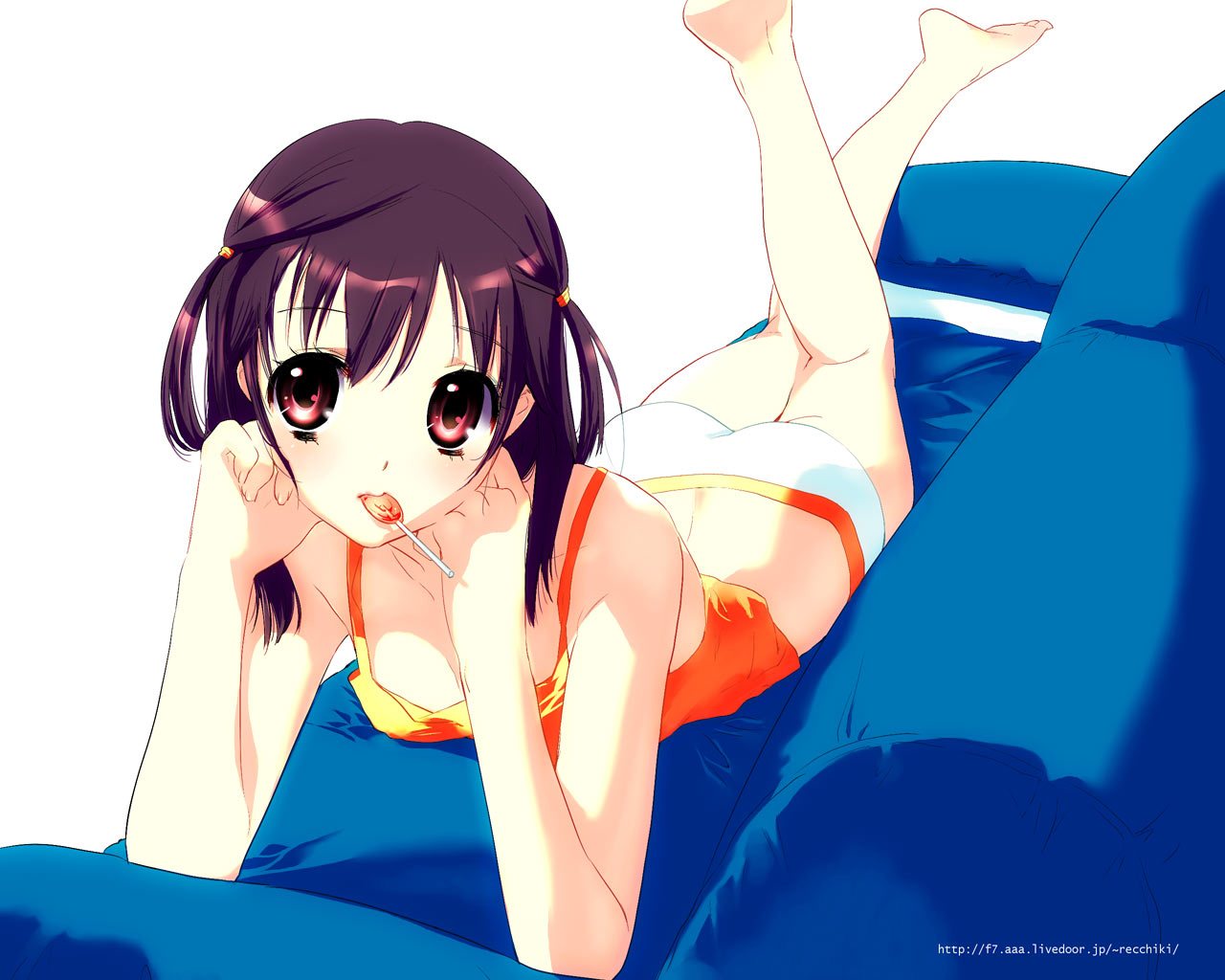 888, 1girl, ass, blue upholstery, camisole, candy, couch, female focus, food, lollipop, lying, purple hair, red eyes, solo