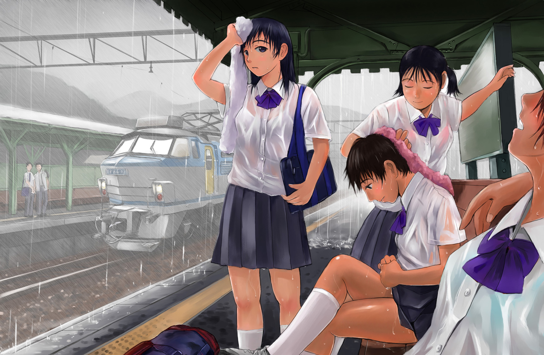 mimura kaoru, japan freight railway company, original, highres, 3boys, 4girls, bag, black hair, electric locomotive, locomotive, long hair, multiple boys, multiple girls, pantograph, pleated skirt, rain, school bag, school uniform, see-through clothes, short hair, skirt, slice of life, socks, tactile paving, towel, train, train station, train station platform, wet