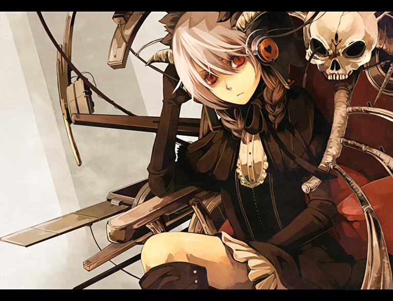 riku (artist), riku (wana), bad id, bad pixiv id, 1girl, albino, braid, dress, female focus, gloves, headphones, horns, letterboxed, red eyes, sitting, skull, solo, twin braids, white hair